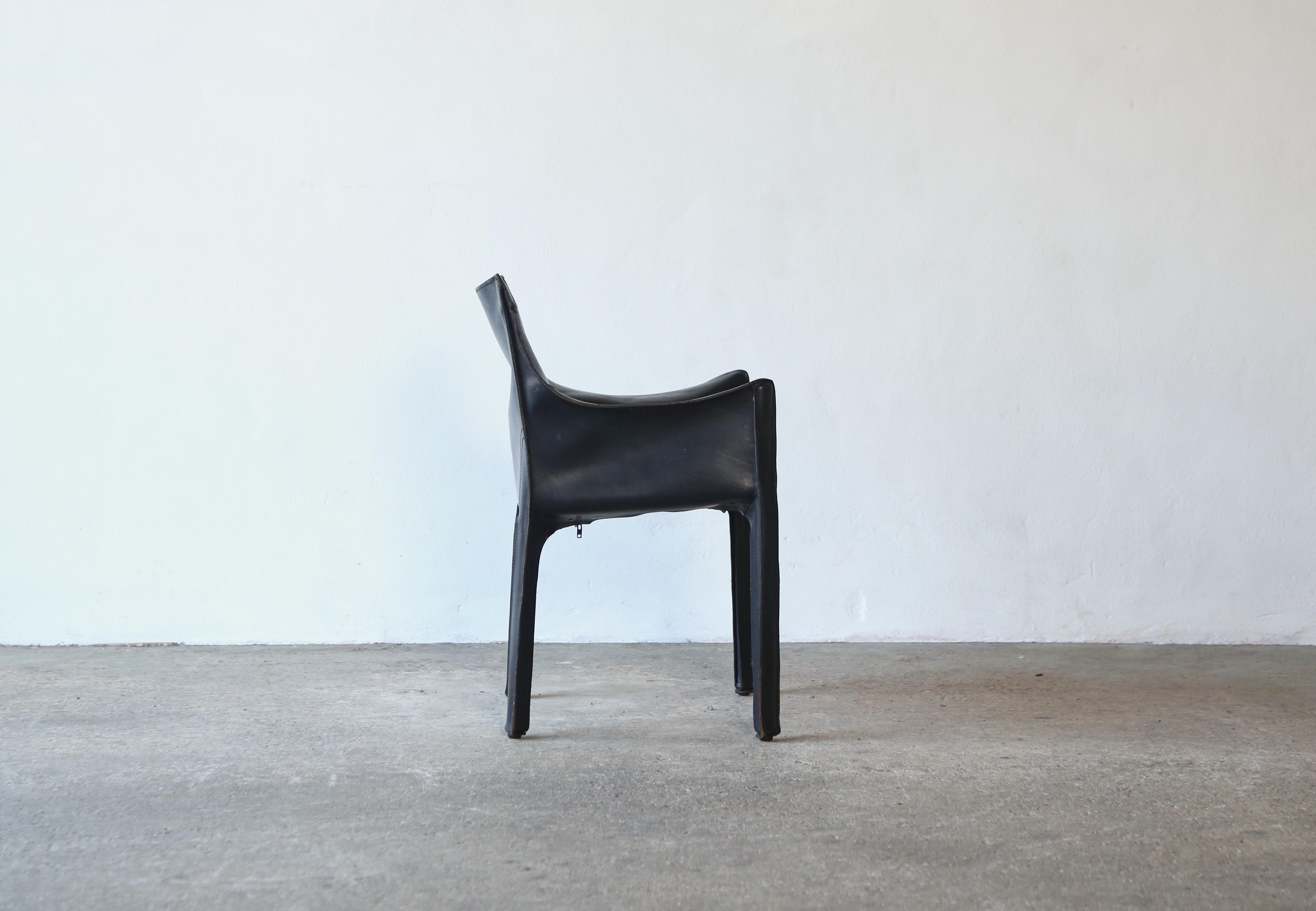 20th Century Black Leather Cab 413 Chair by Mario Bellini, Cassina, Italy, 1980s For Sale