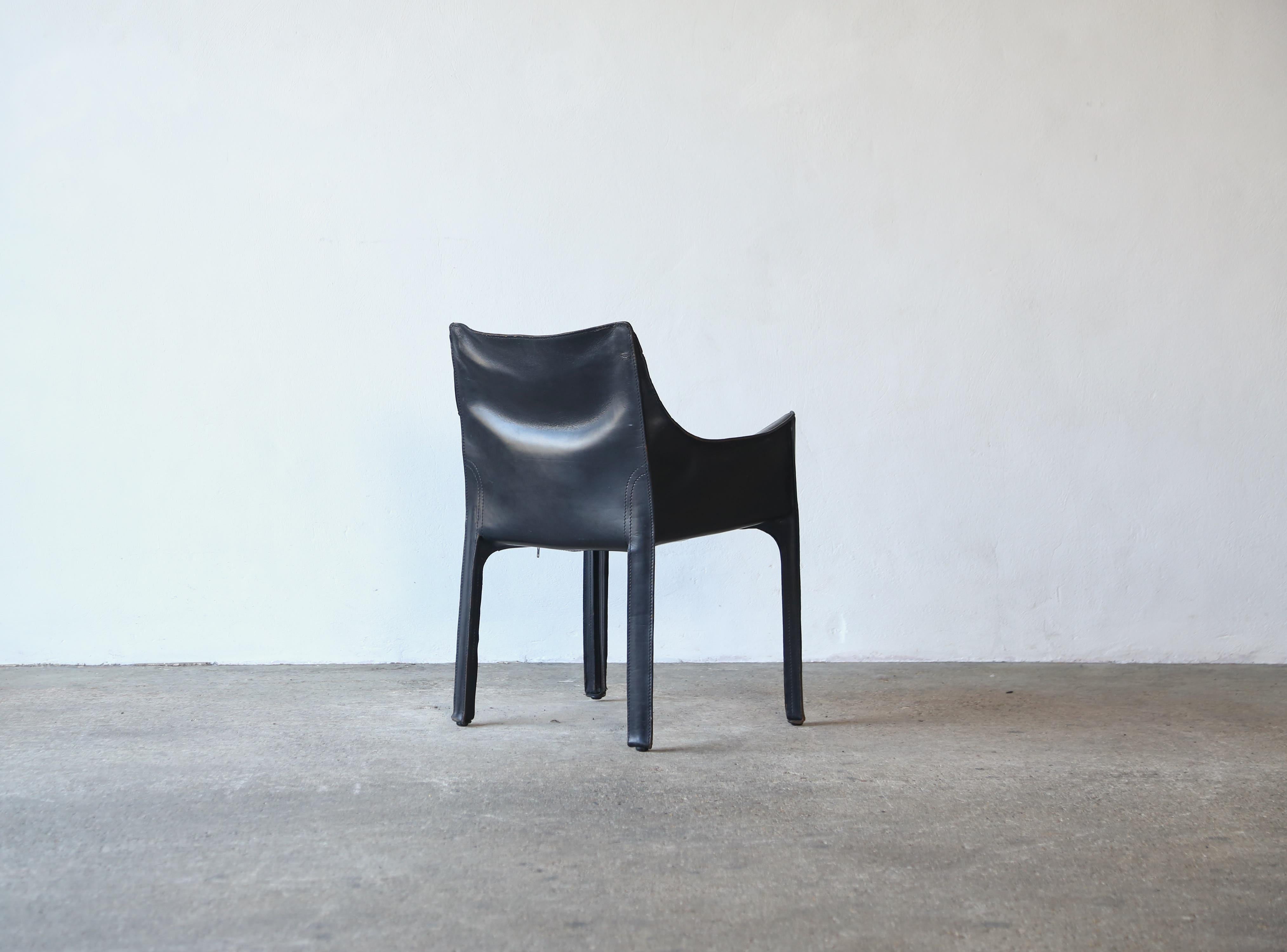 Black Leather Cab 413 Chair by Mario Bellini, Cassina, Italy, 1980s For Sale 1