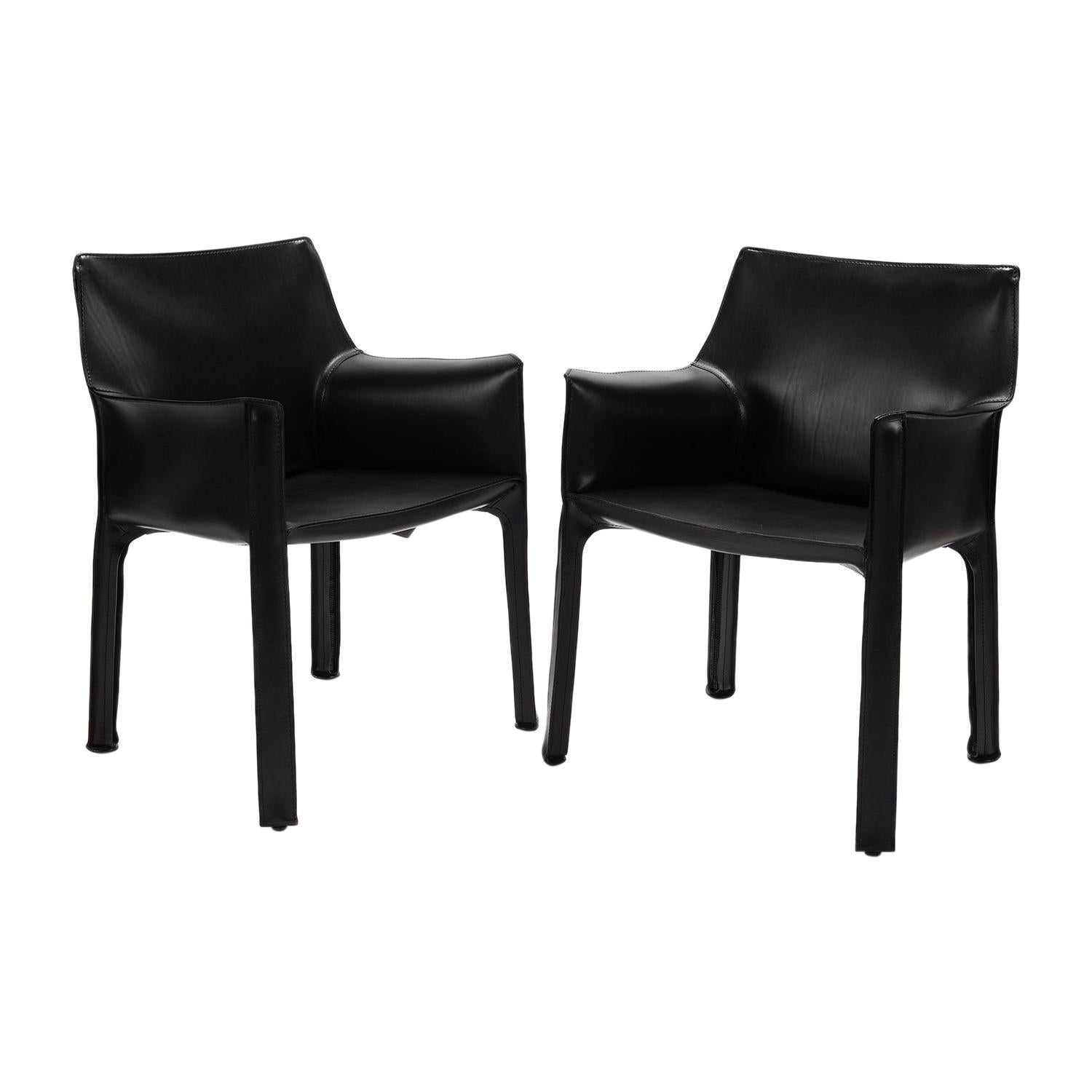Black Leather Cab Armchairs, Cassina