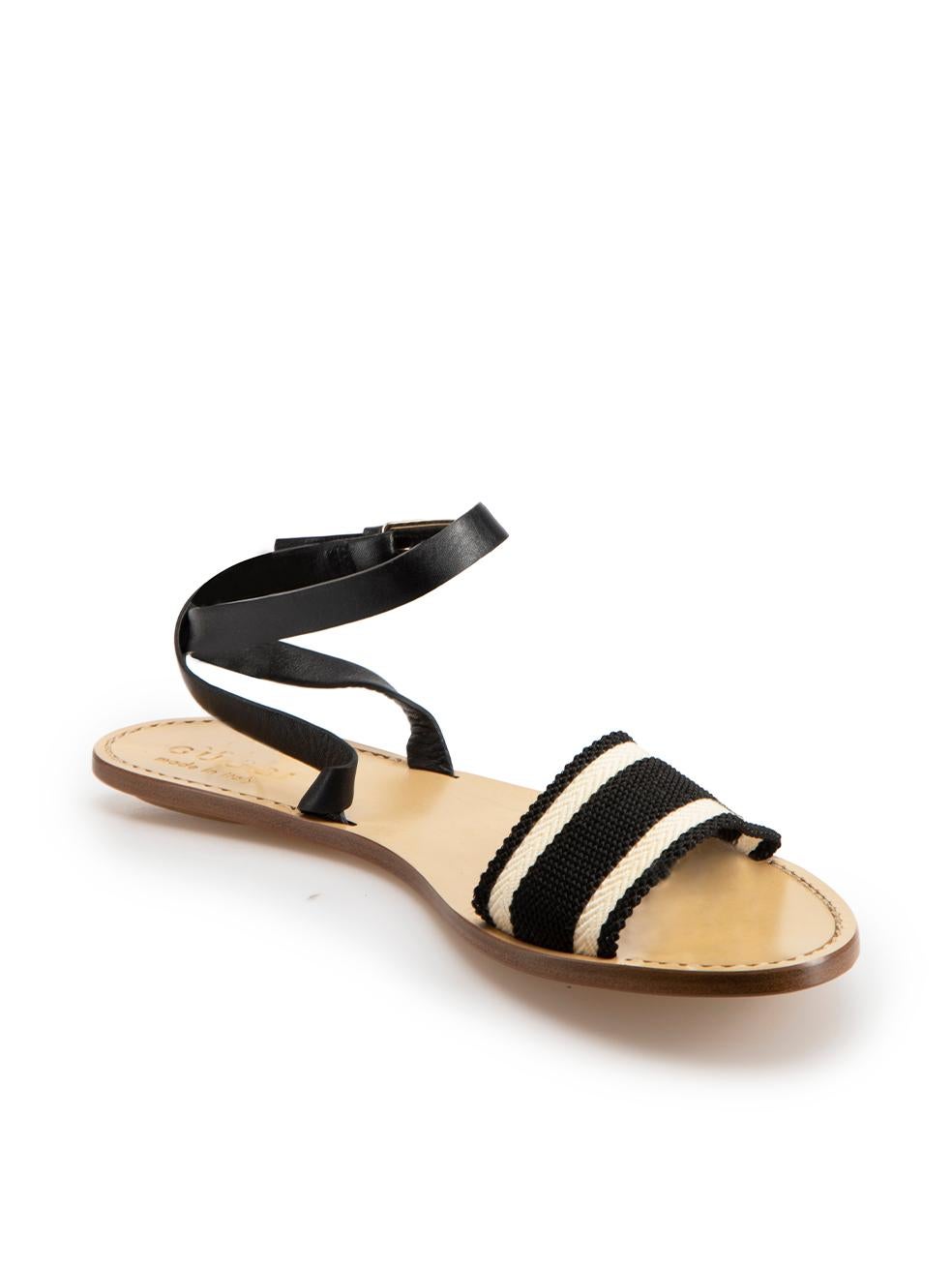 CONDITION is Very good. Minimal wear to sandals is evident. Minimal scratch marks to inner sole on this used Gucci designer resale item. Dustbag included.

Details


Black

Canvas

Flat strappy sandals

White striped pattern

Leather adjustable wrap