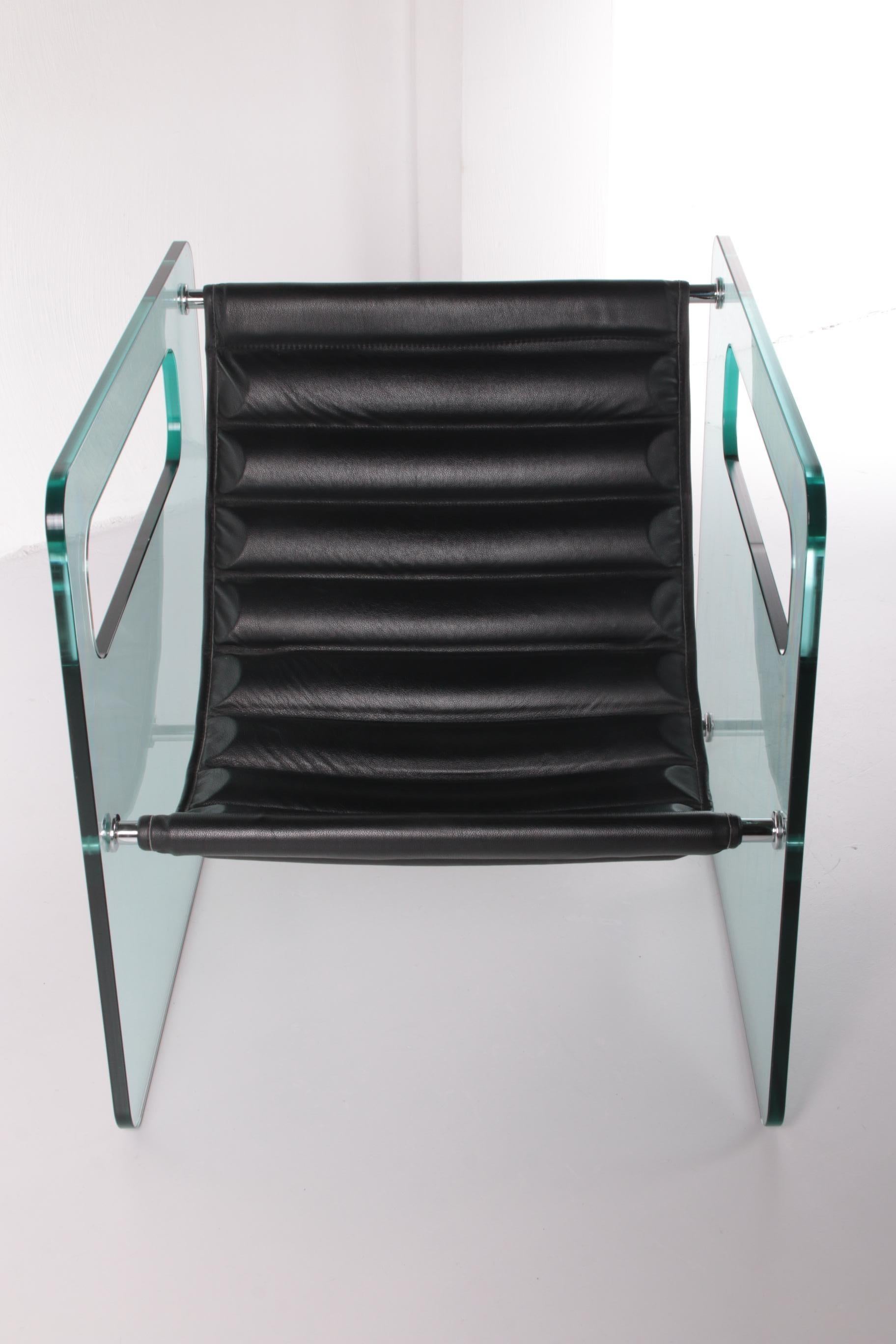 Black Leather Chair by Giovanni Tommaso Garattoni Italy Glass and Black Leather For Sale 1