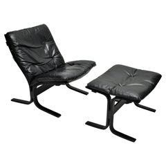 black Leather Chair by Ingmar Relling with Ottoman, 1970s