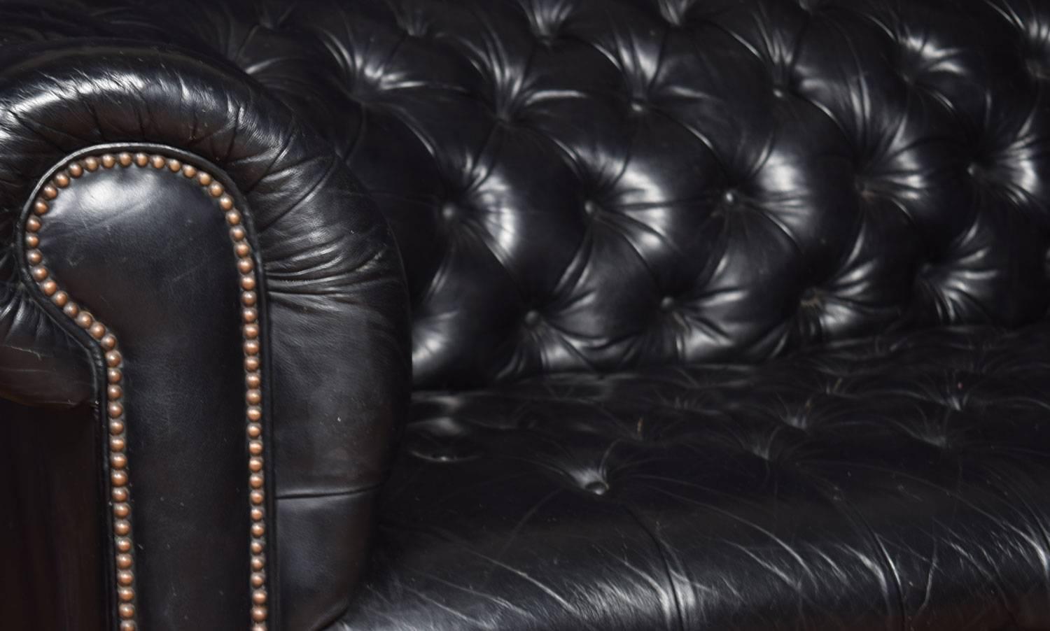 20th Century Black Leather Chesterfield
