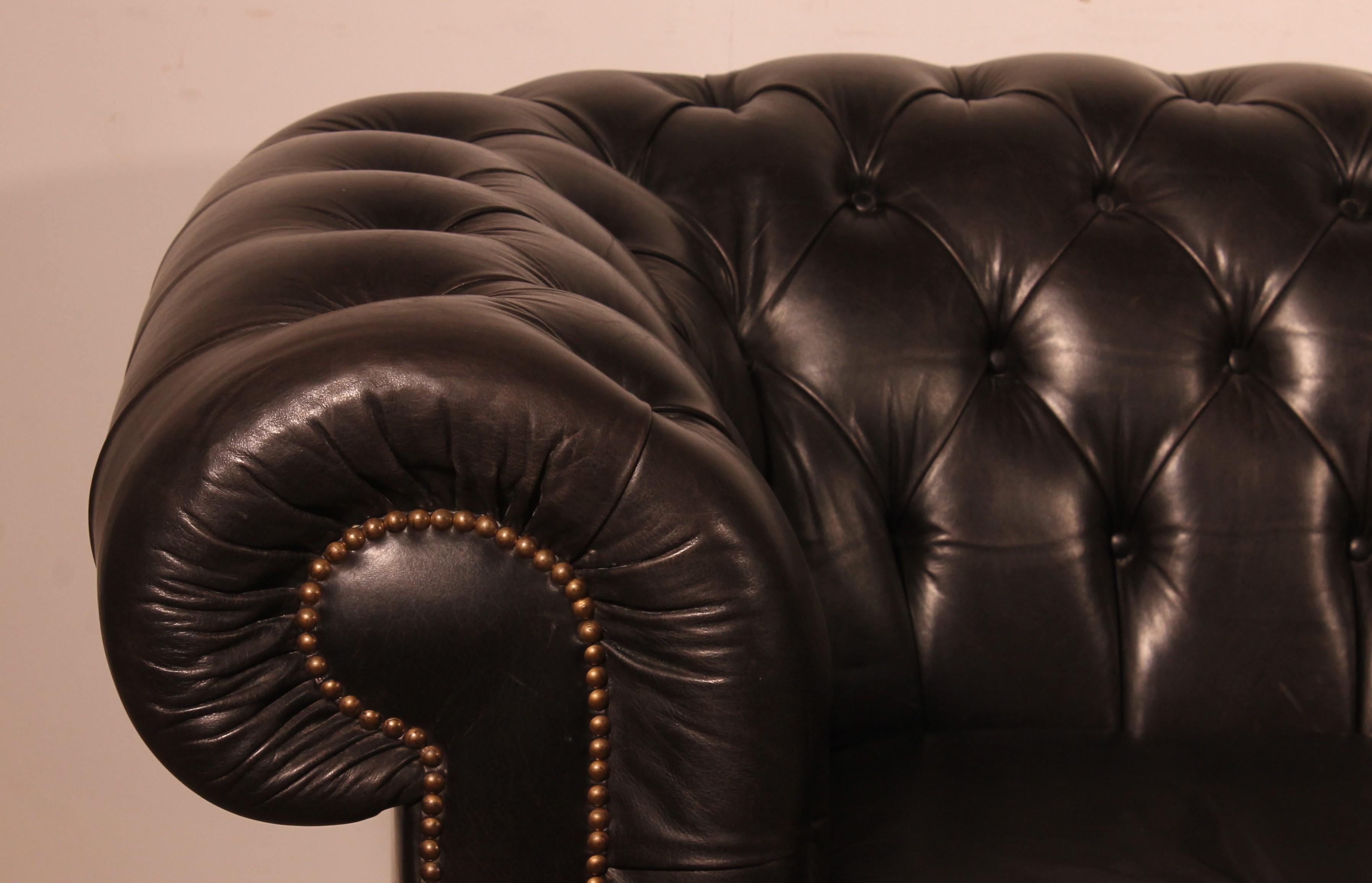 Aesthetic Movement Black Leather Chesterfield Sofa For Sale