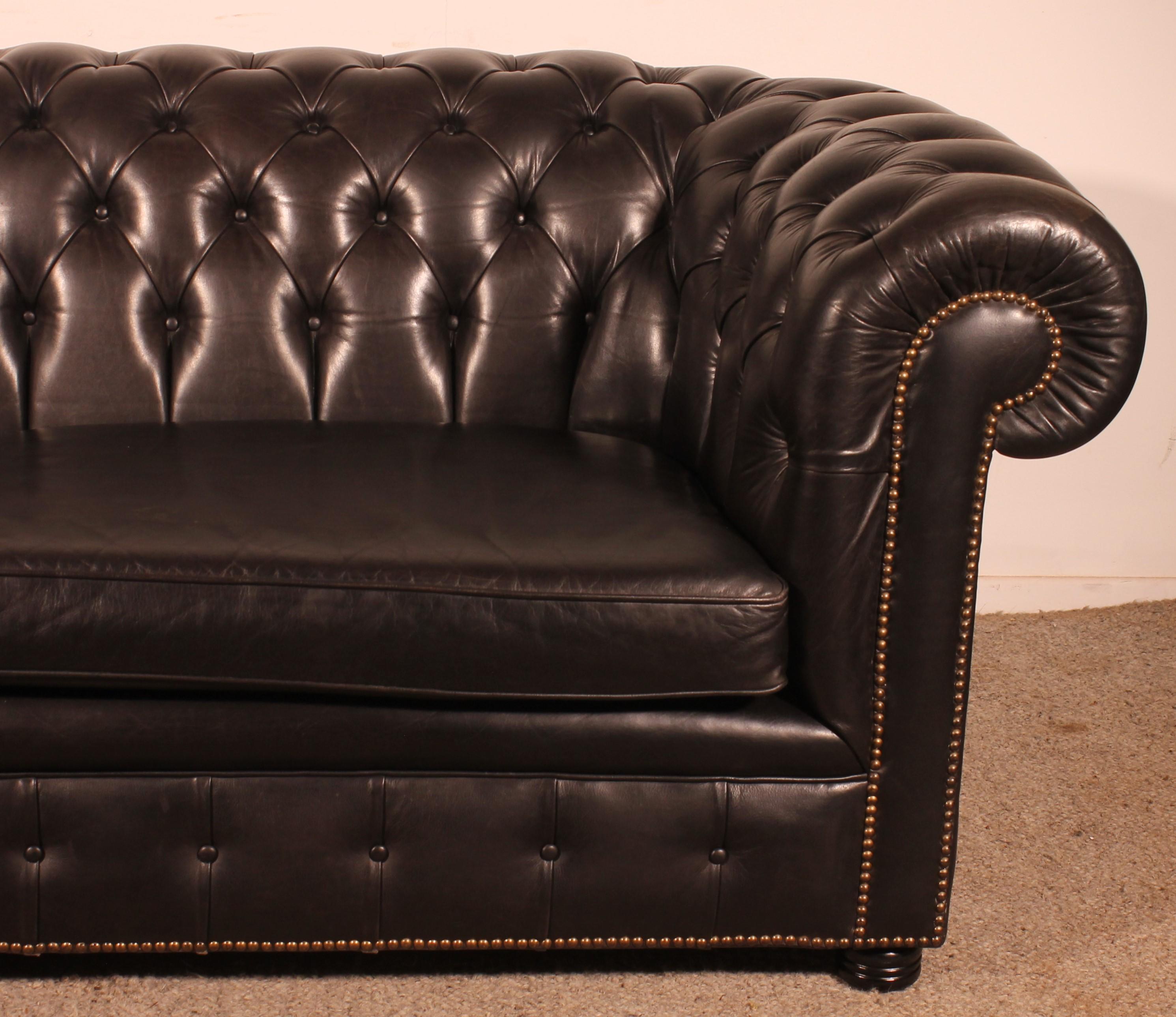 British Black Leather Chesterfield Sofa For Sale
