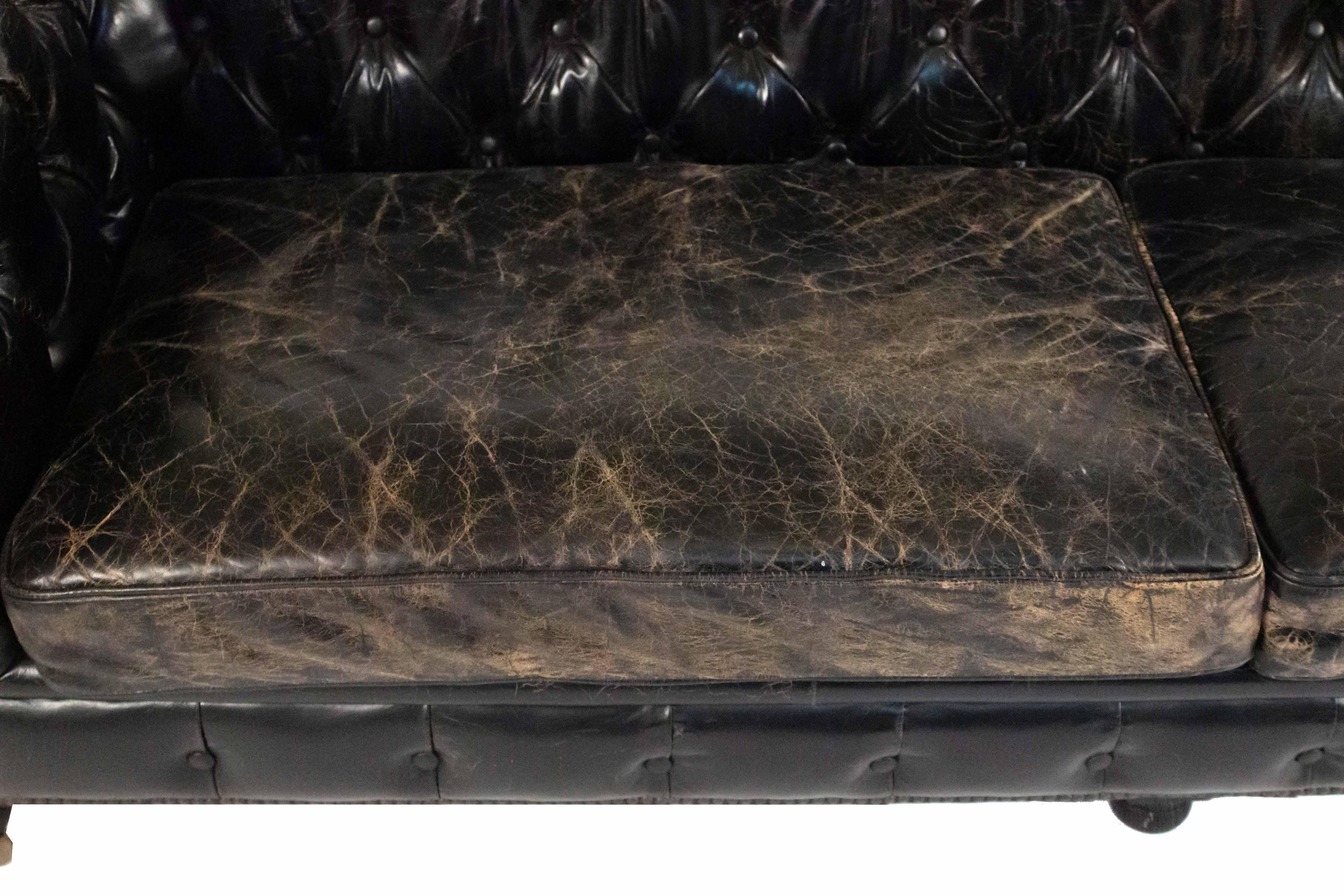 Brass Black Leather Chesterfield Sofa