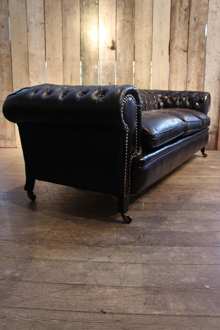 French Black Leather Chesterfield Sofa