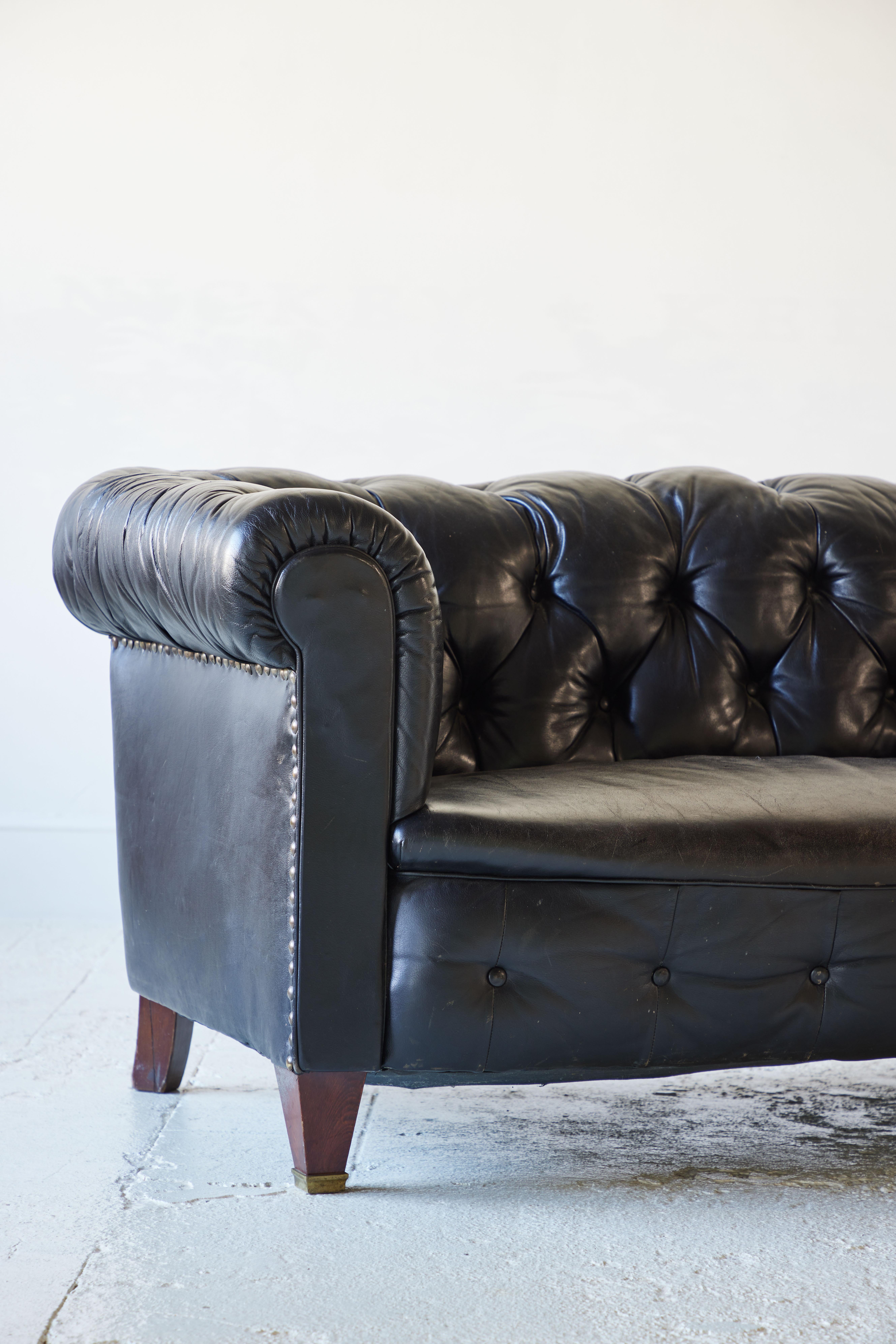 19th Century Black Leather Chesterfield Sofa
