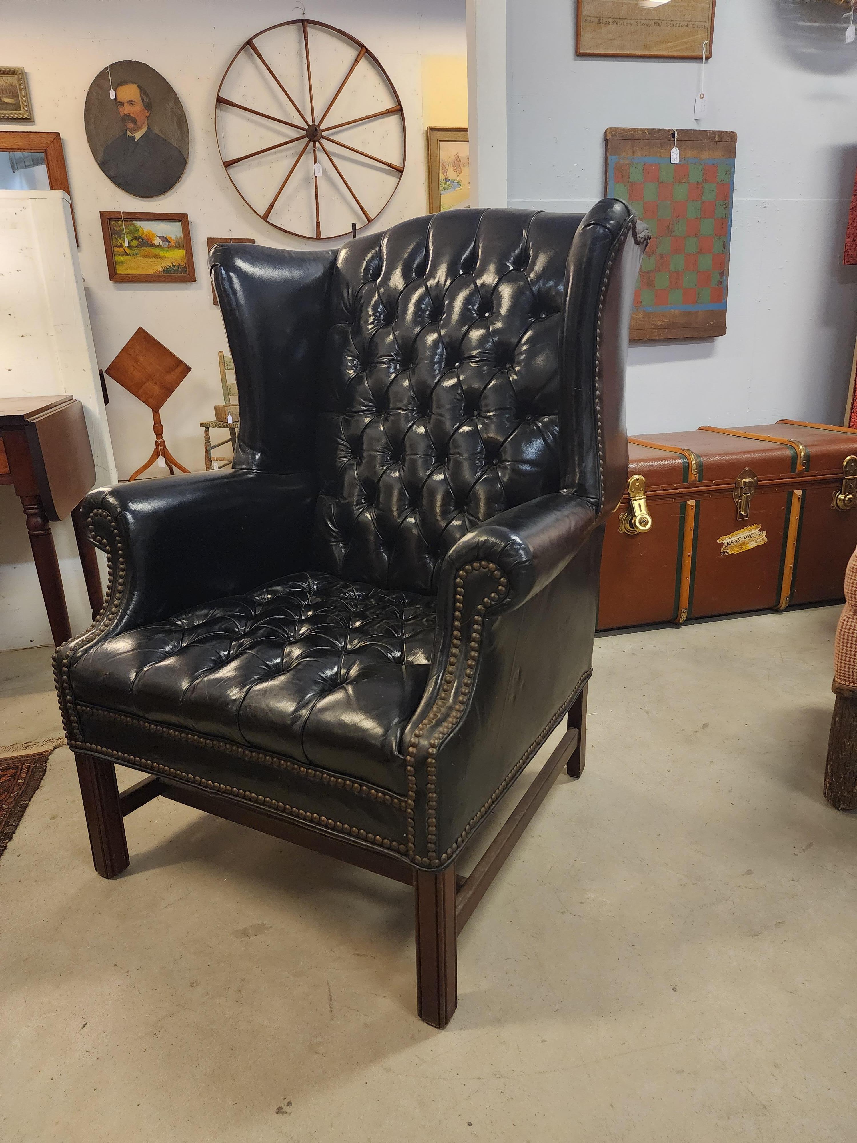 Black Leather Chesterfield Wingback Chair In Good Condition In Hudson, NY