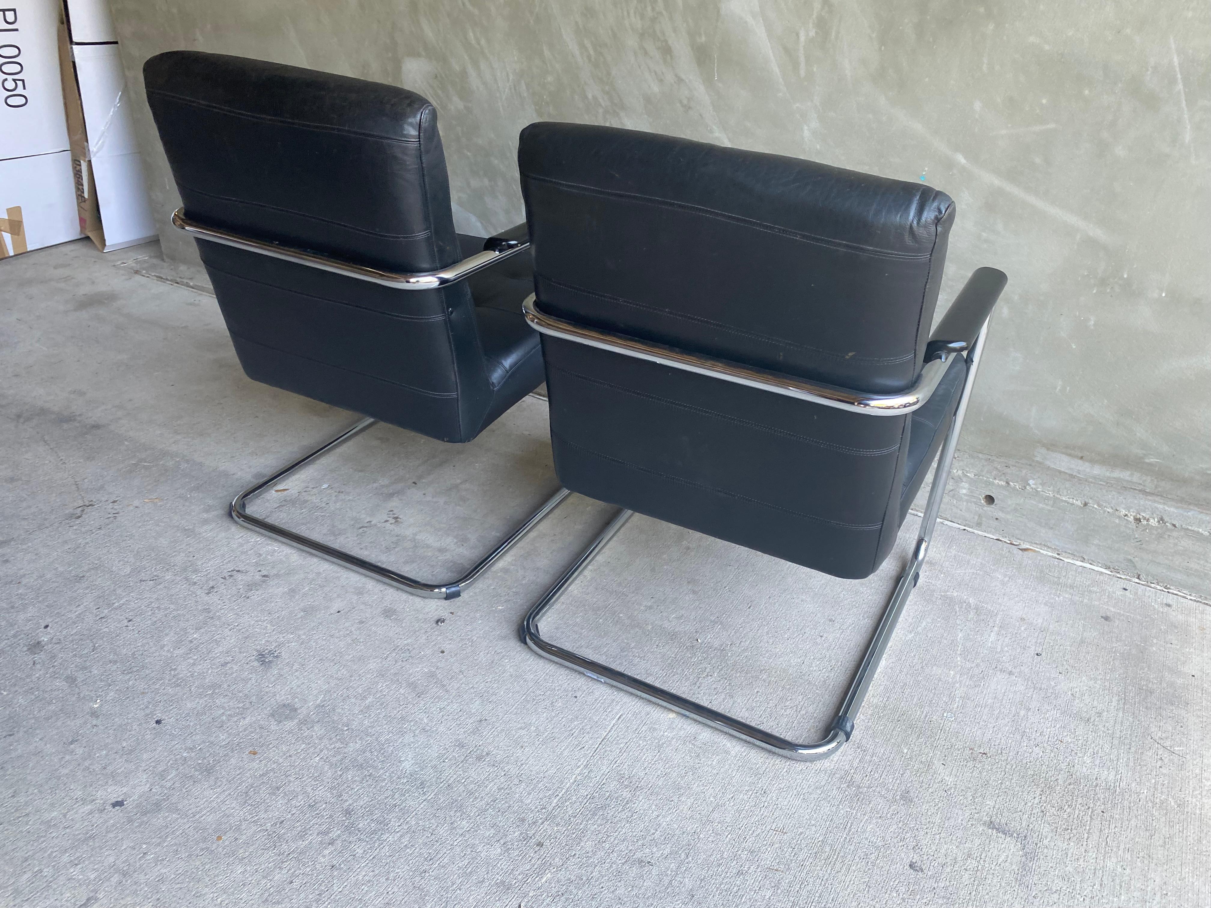 Black Leather & Chrome Armchair, 1970-80's Two Available For Sale 4