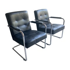 Black Leather & Chrome Armchair, 1970-80's Two Available