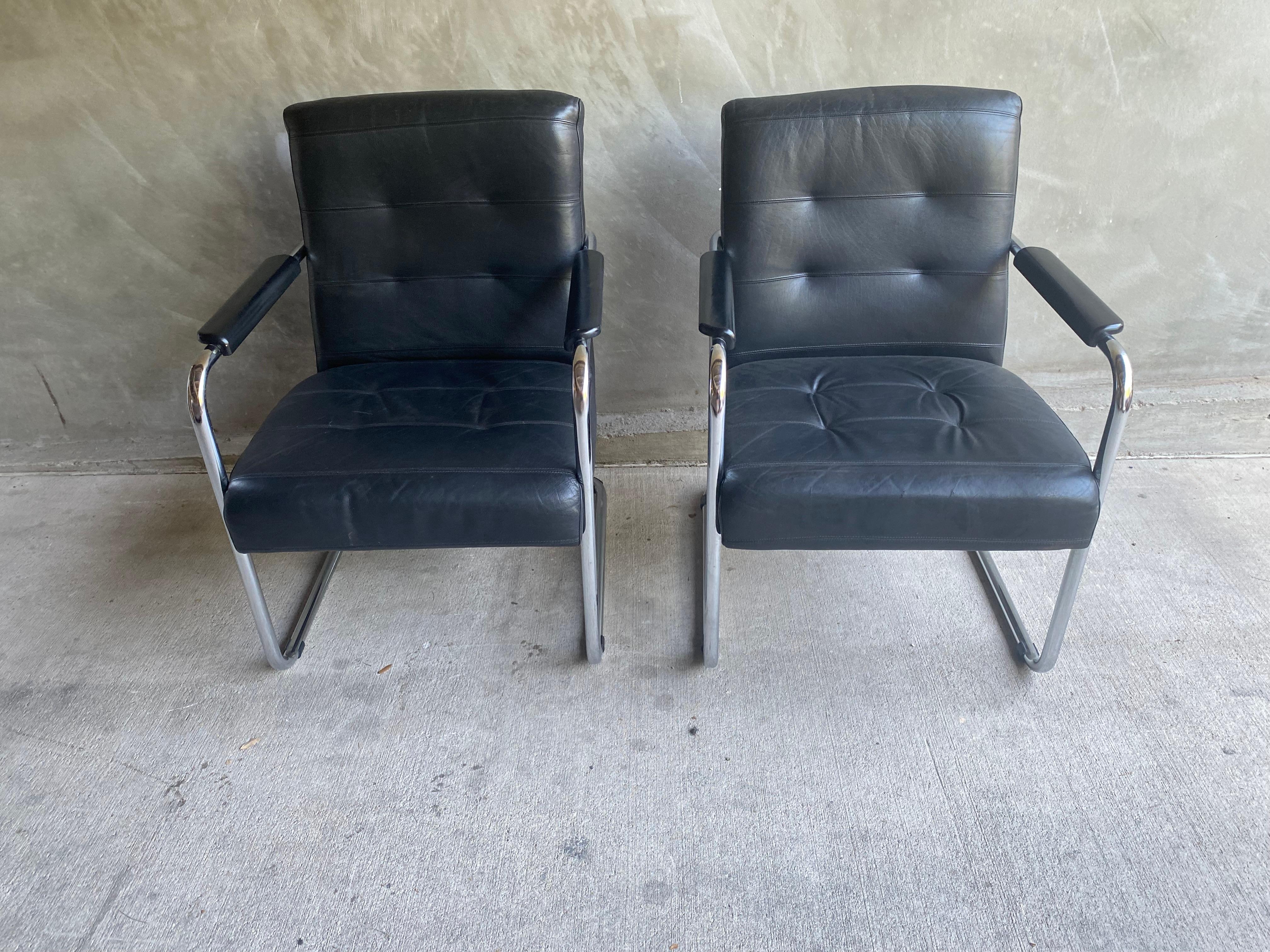 Mid-Century Modern Black Leather & Chrome Armchair, 1970-80's Two Available For Sale