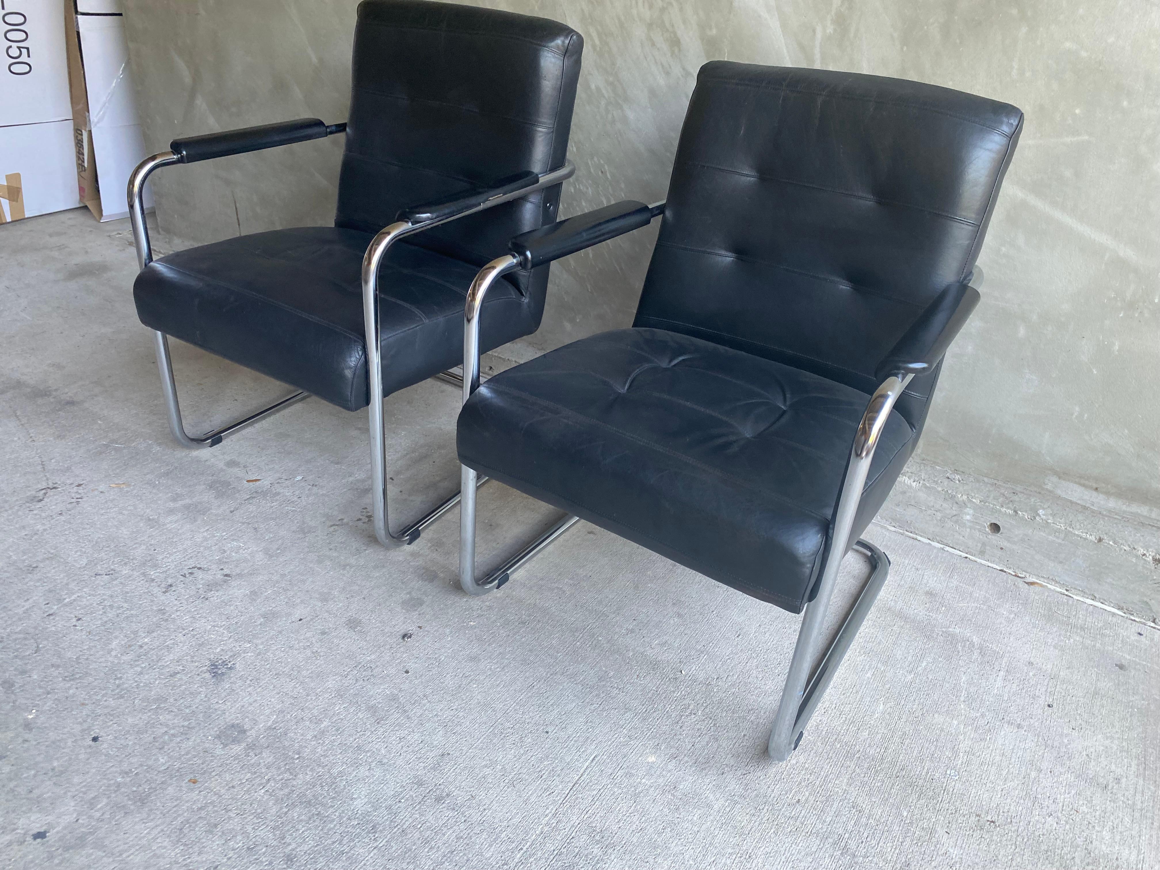 European Black Leather & Chrome Armchair, 1970-80's Two Available For Sale