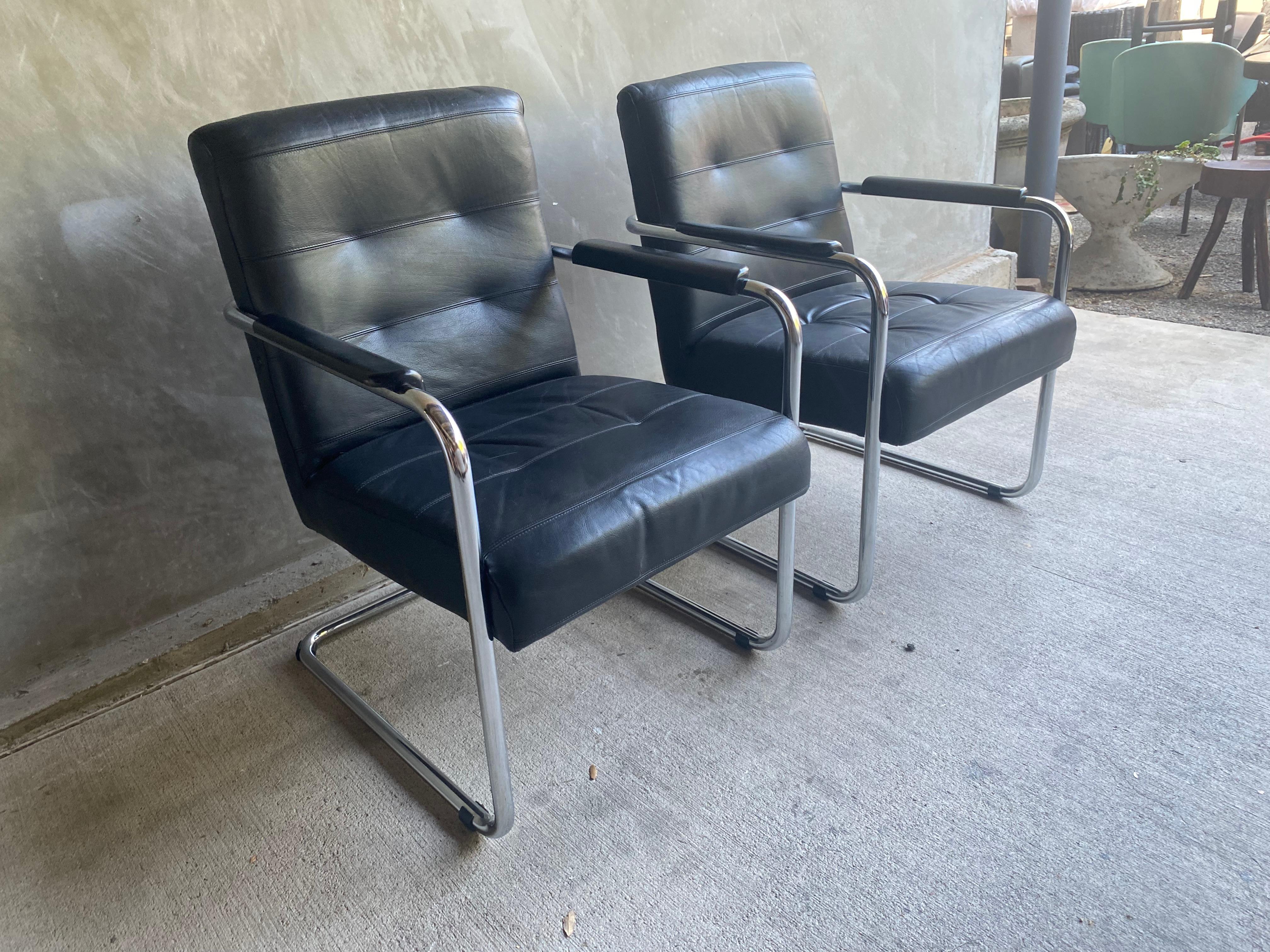 Black Leather & Chrome Armchair, 1970-80's Two Available In Good Condition For Sale In Austin, TX
