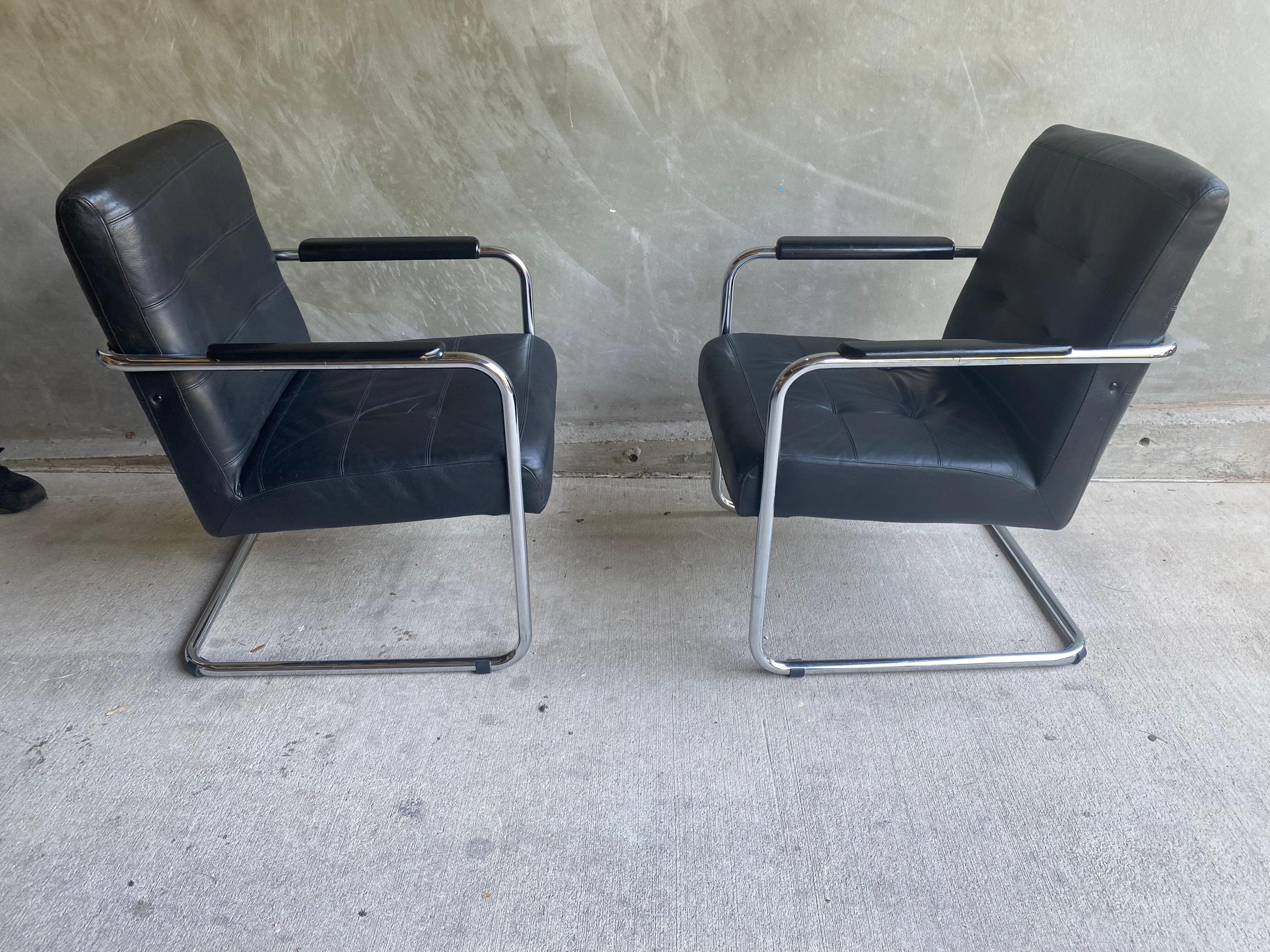 Black Leather & Chrome Armchair, 1970-80's Two Available For Sale 1