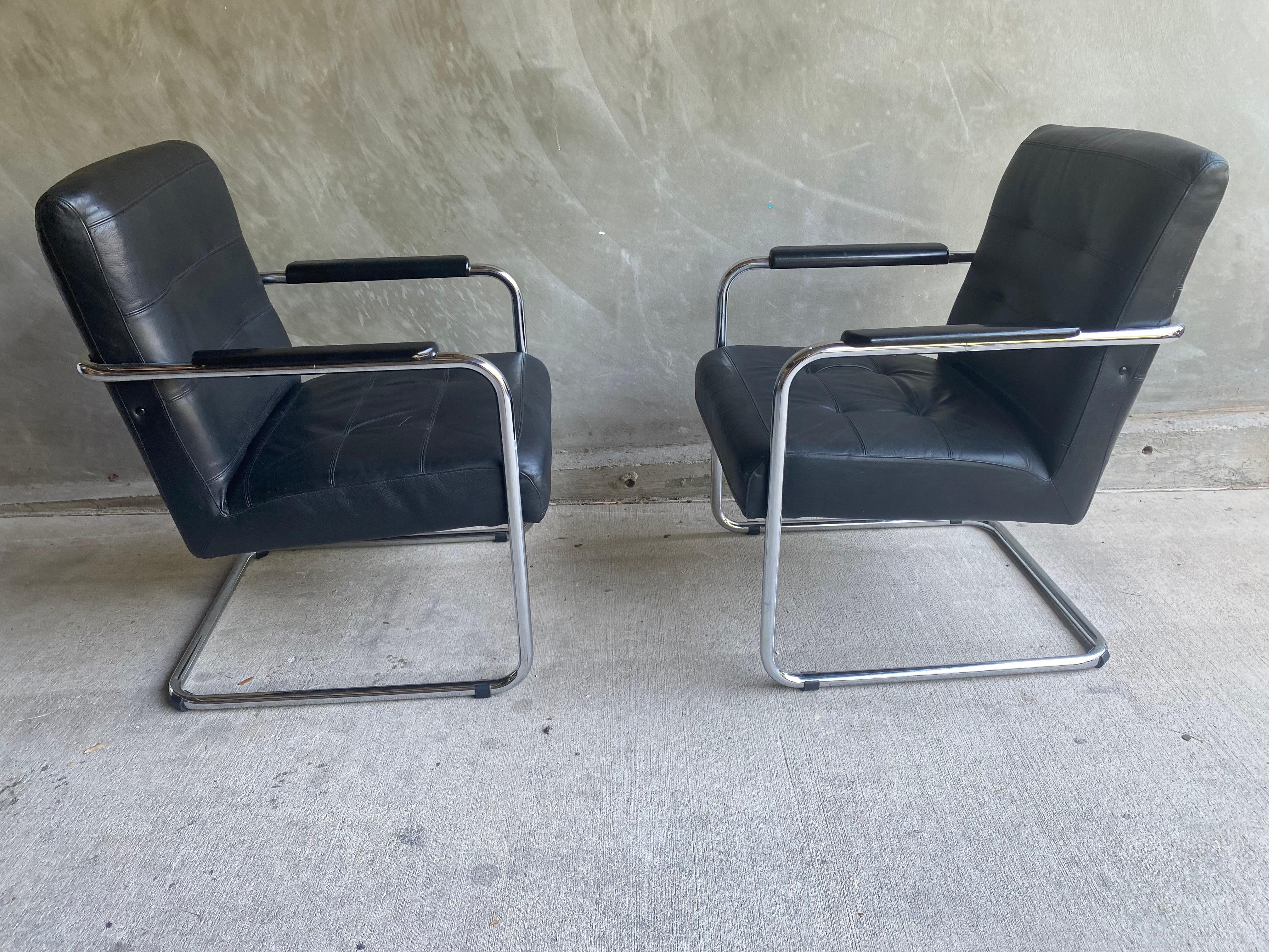 Black Leather & Chrome Armchair, 1970-80's Two Available For Sale 2