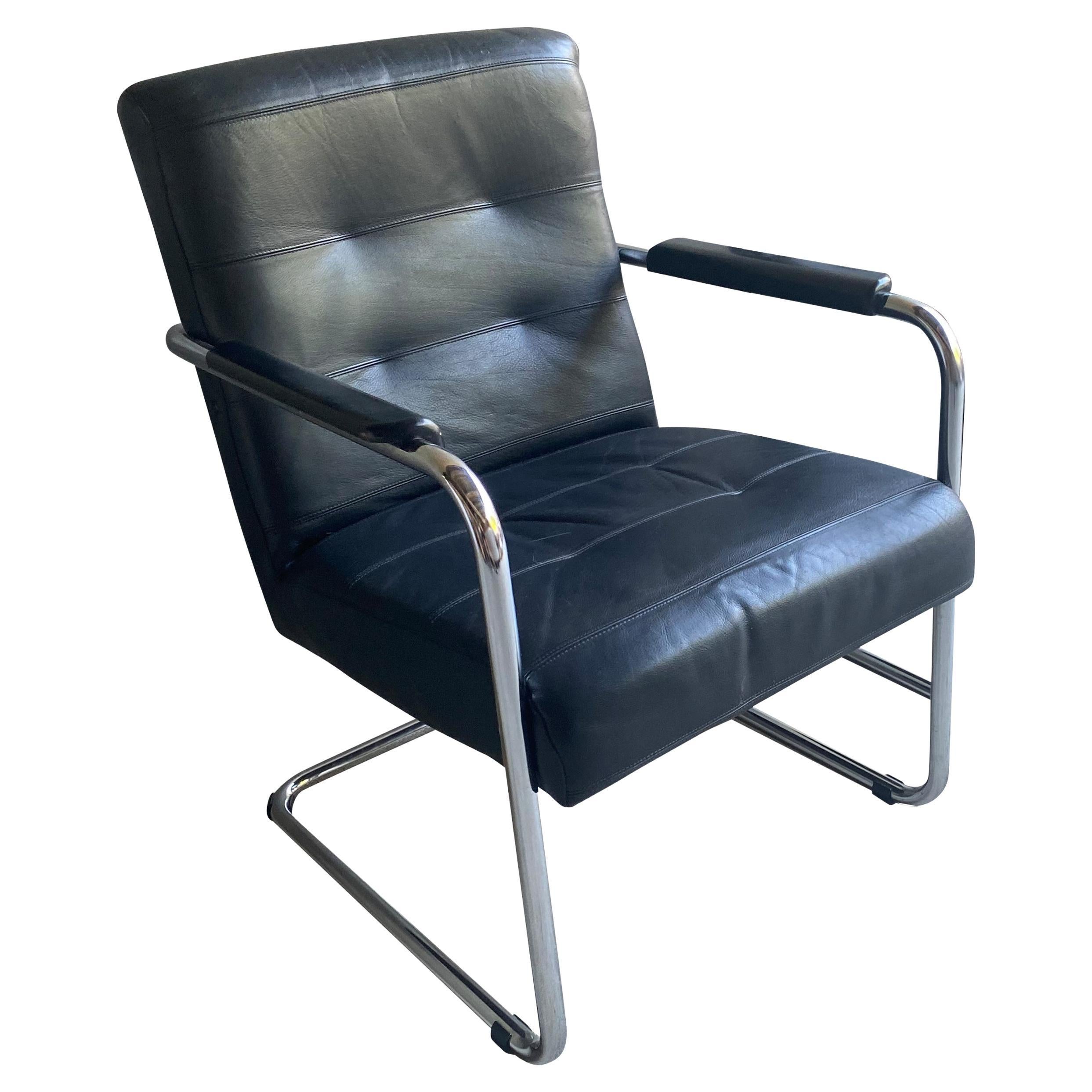 Black Leather & Chrome Armchair, 1970-80's Two Available For Sale