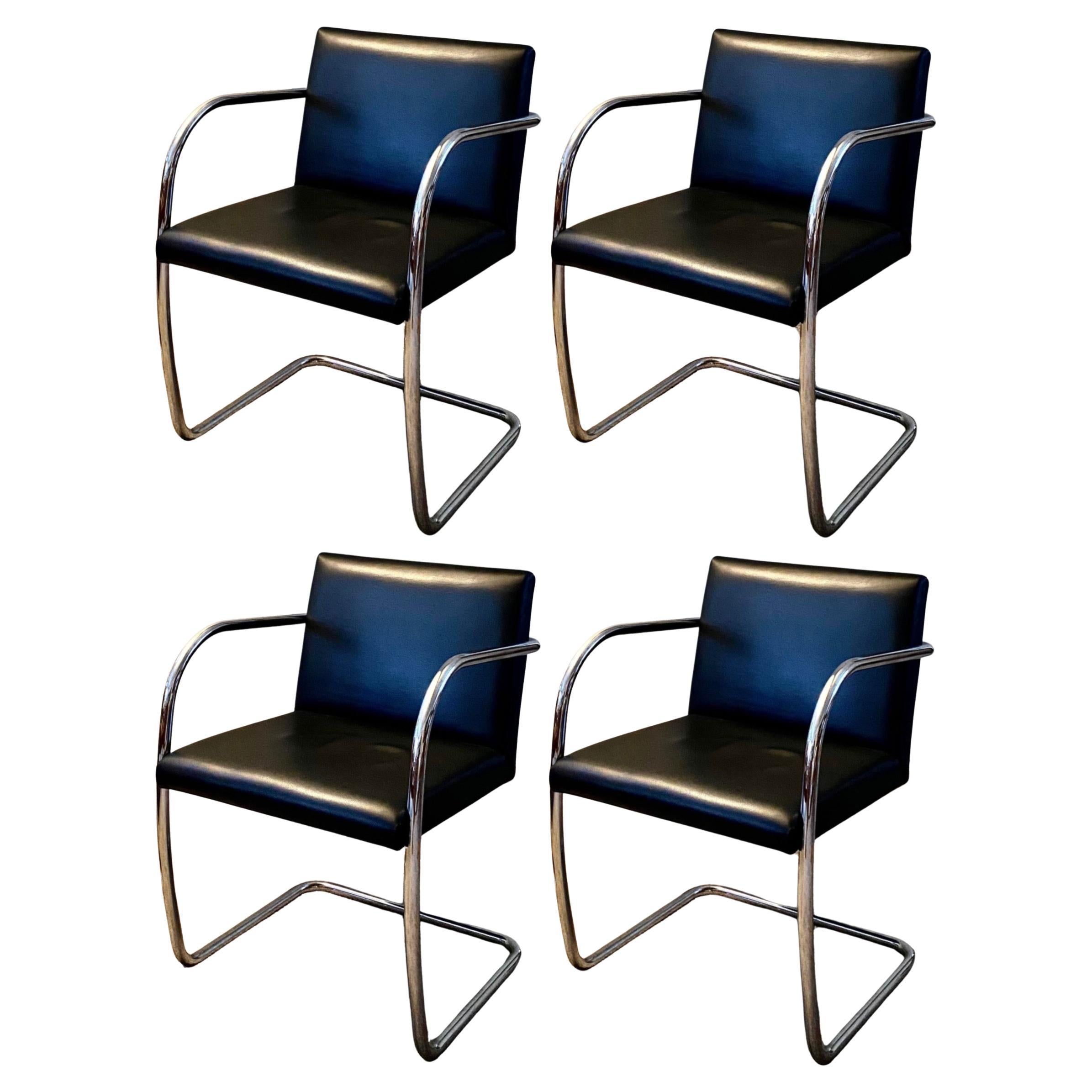 Black Leather + Chrome Brno Cantilever Chairs, Set of 4