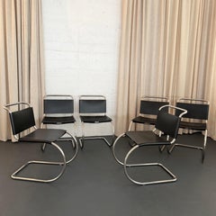 Black Leather Chrome Cantilever Mies Van Der Rohe MR10 Chairs For Knoll