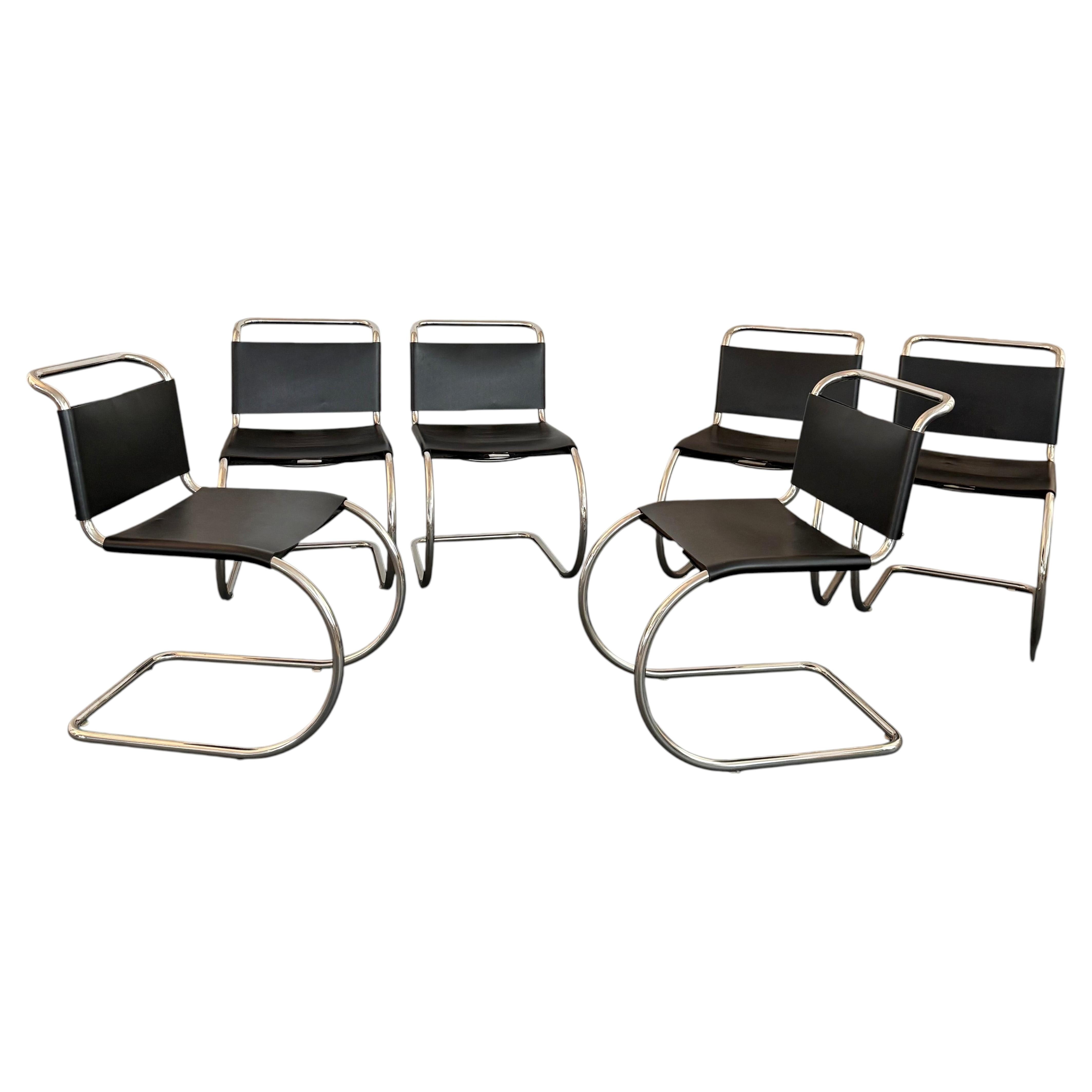 Black Leather Chrome Cantilever Mies Van Der Rohe MR10 Chairs For Knoll