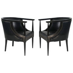 Black Leather Club Chairs with Bronze Nail Heads, Pair