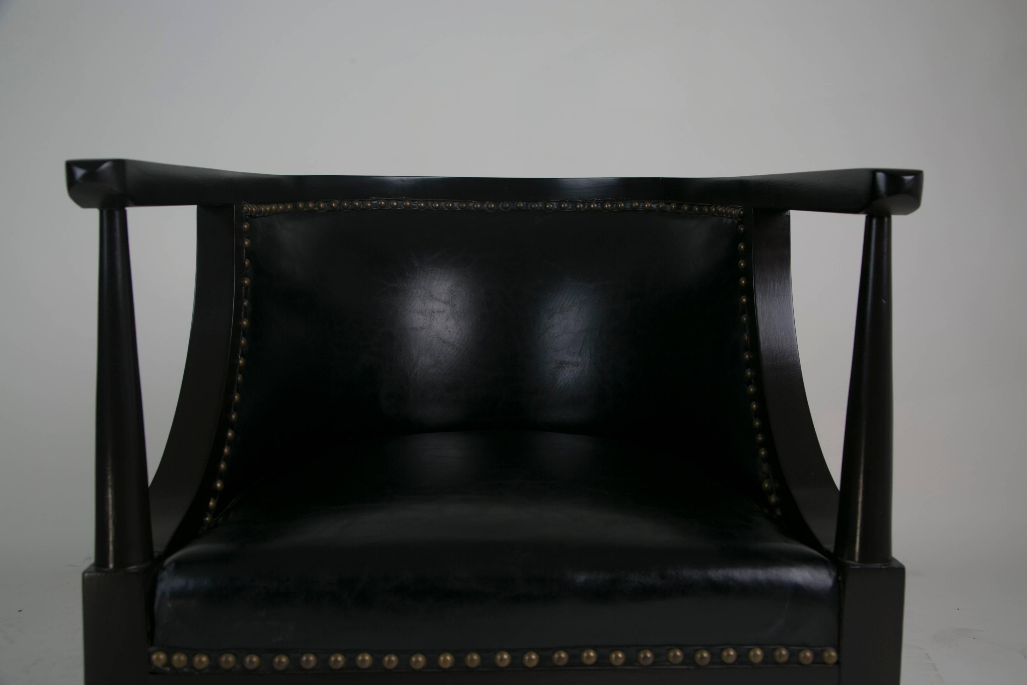 Black Leather Club Chairs with Bronze Nail Heads, Pair 5