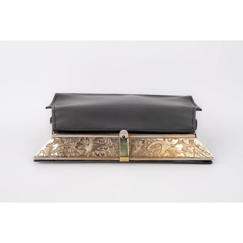 Black Leather Clutch Bag with Engraved Metal For Sale 2
