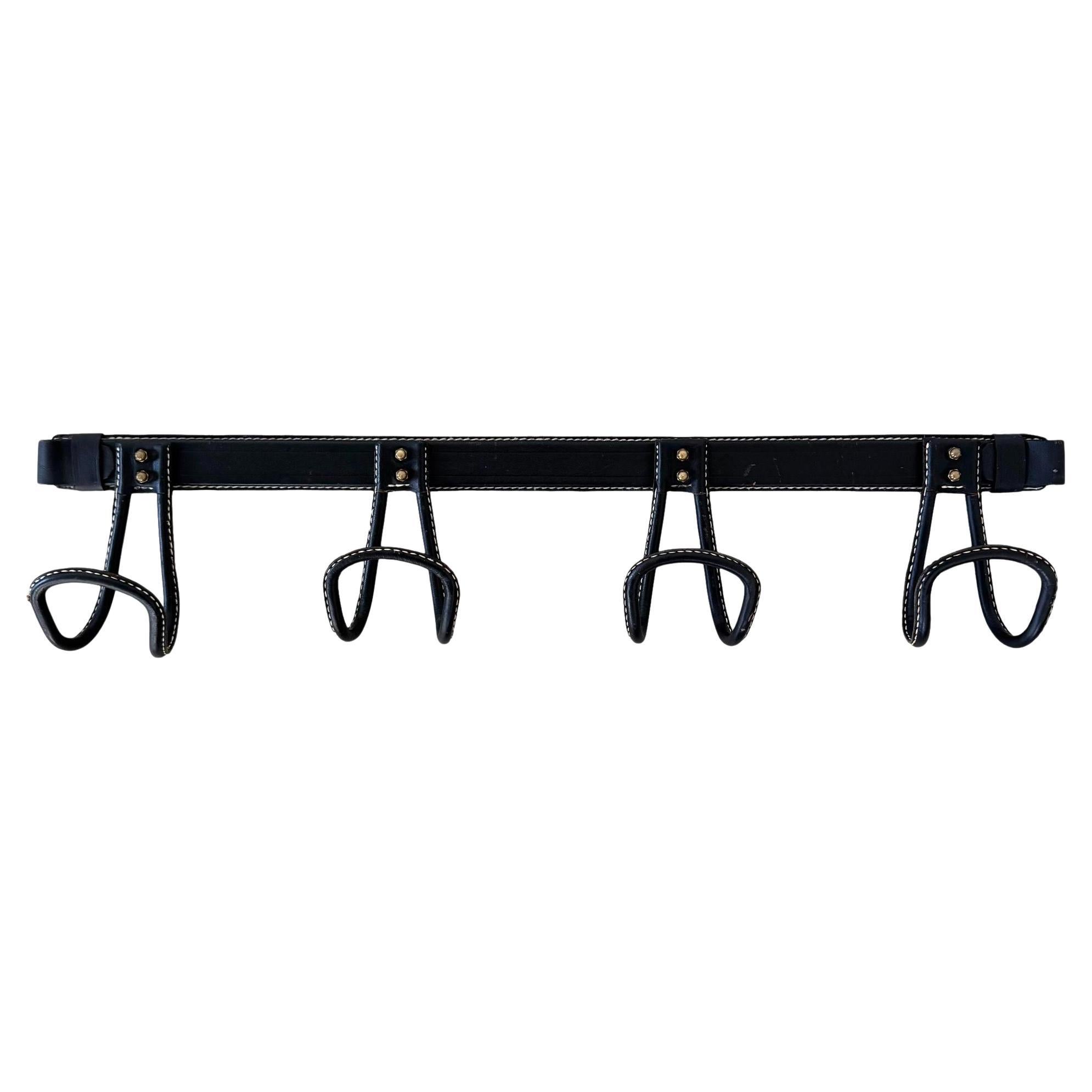 Black Leather Coat Rack by Jacques Adnet, 1950s France