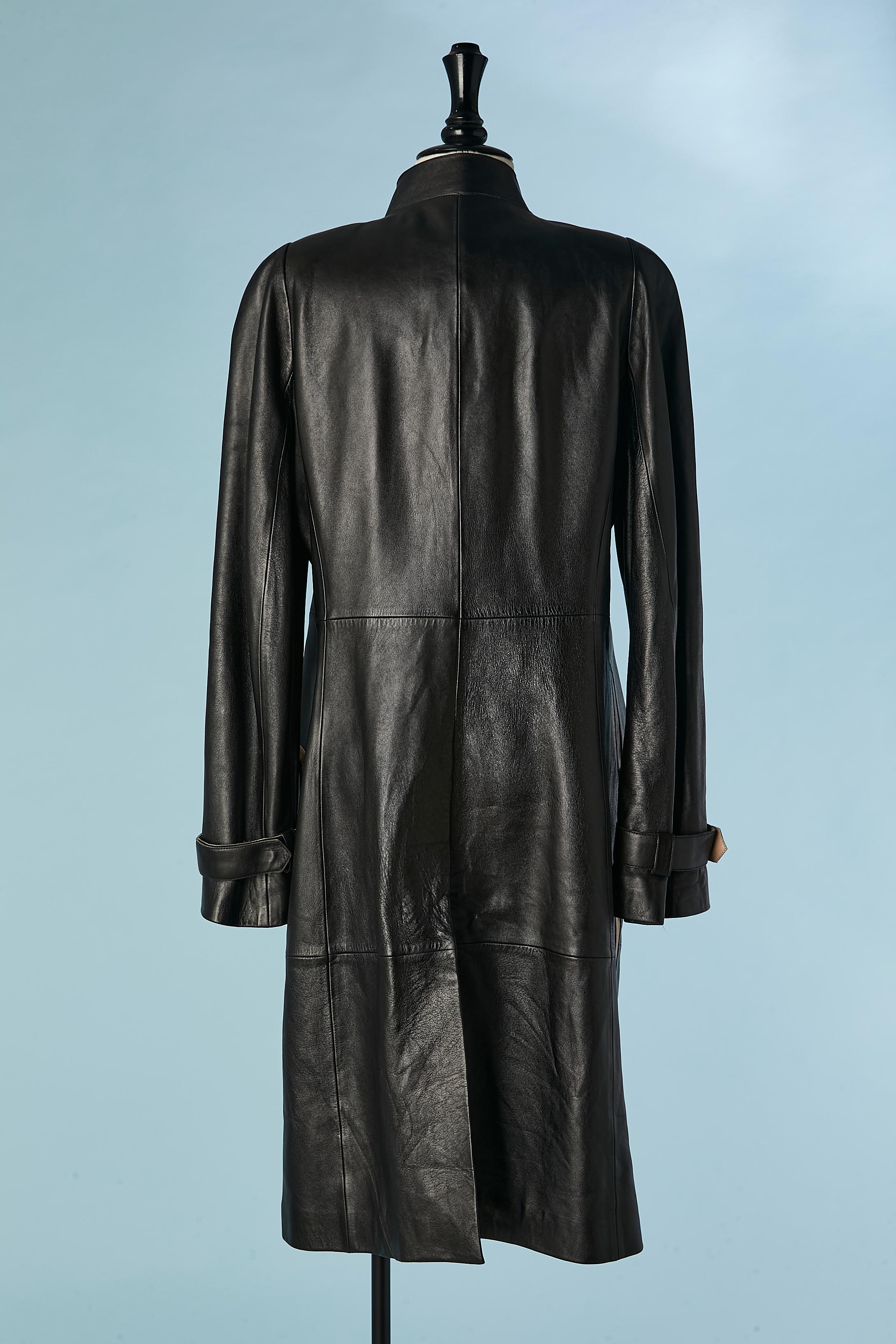Manteau en cuir noir avec empiècement en cuir beige et fermeture éclair KENZO Jungle  en vente 1