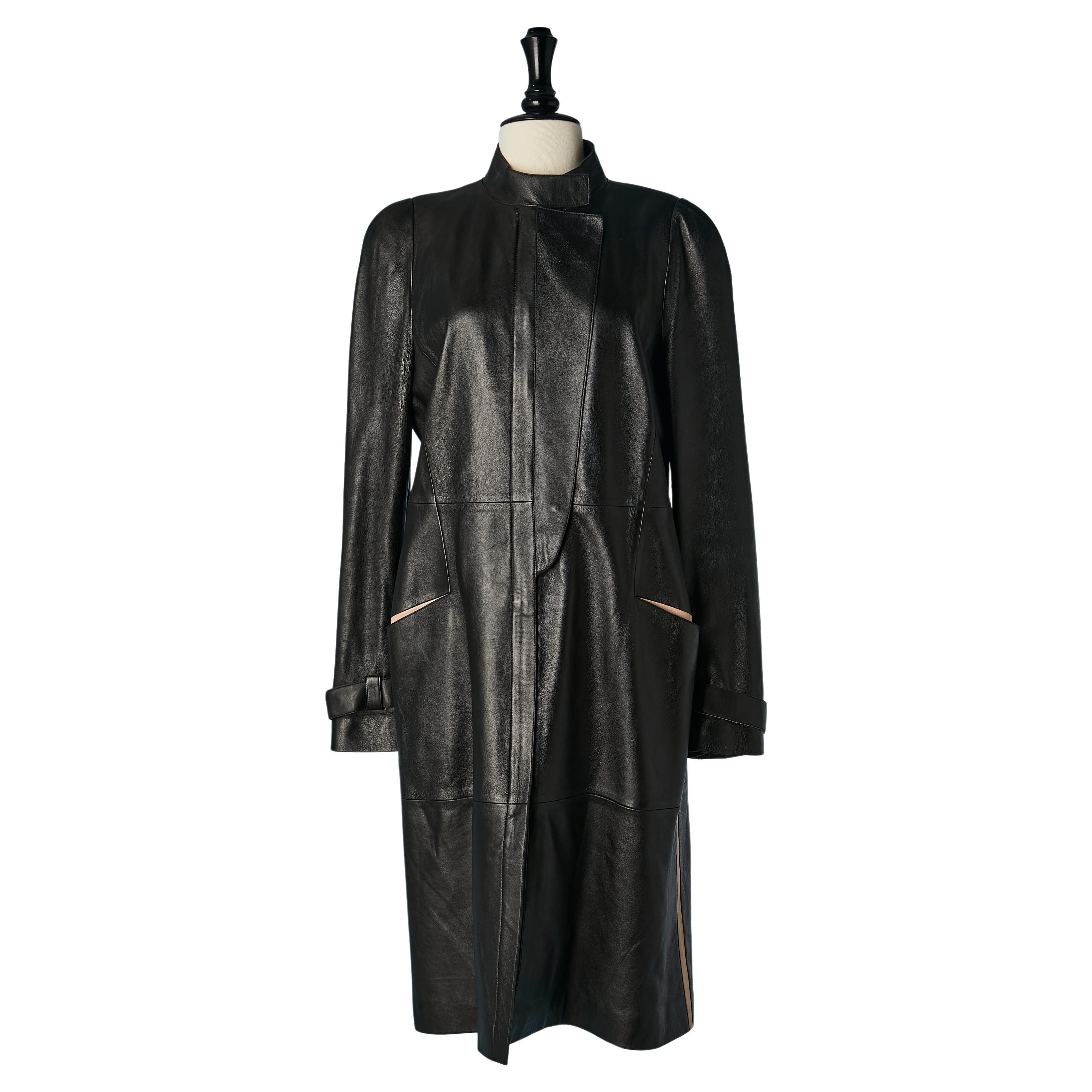 Manteau en cuir noir avec empiècement en cuir beige et fermeture éclair KENZO Jungle  en vente