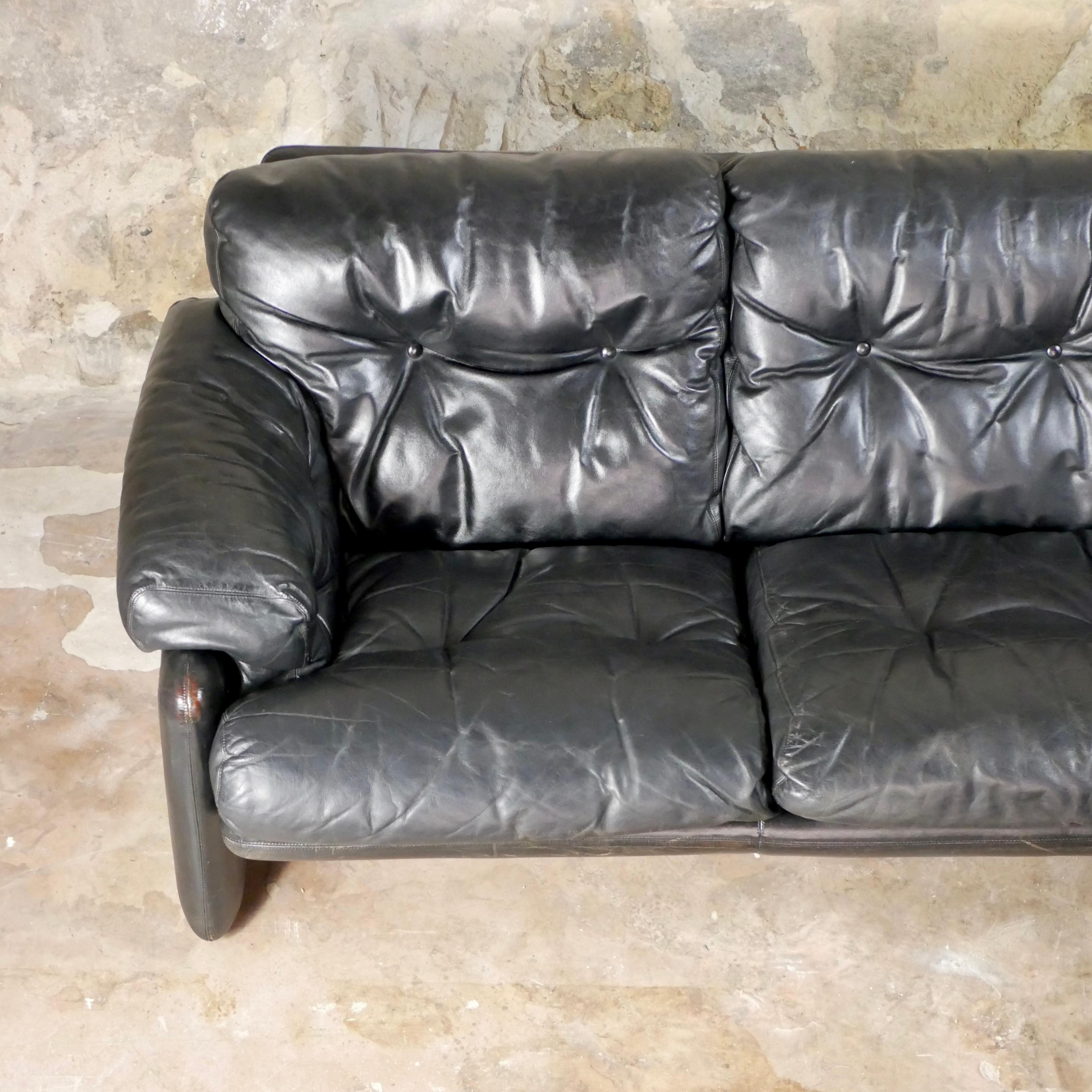 Italian Black leather Coronado sofa, by Afra & Tobia Scarpa, C&B Italia, 1960s