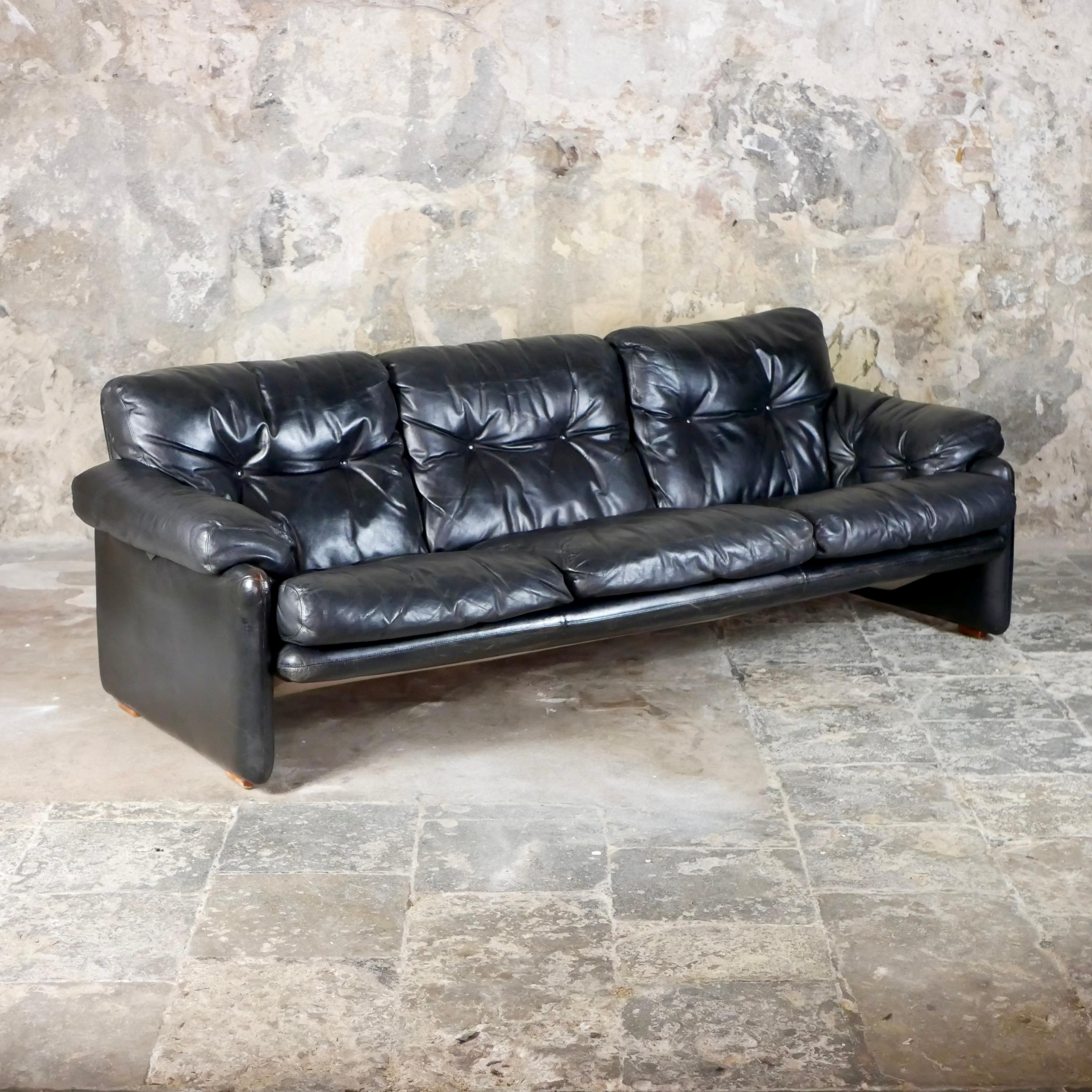 Leather Black leather Coronado sofa, by Afra & Tobia Scarpa, C&B Italia, 1960s For Sale