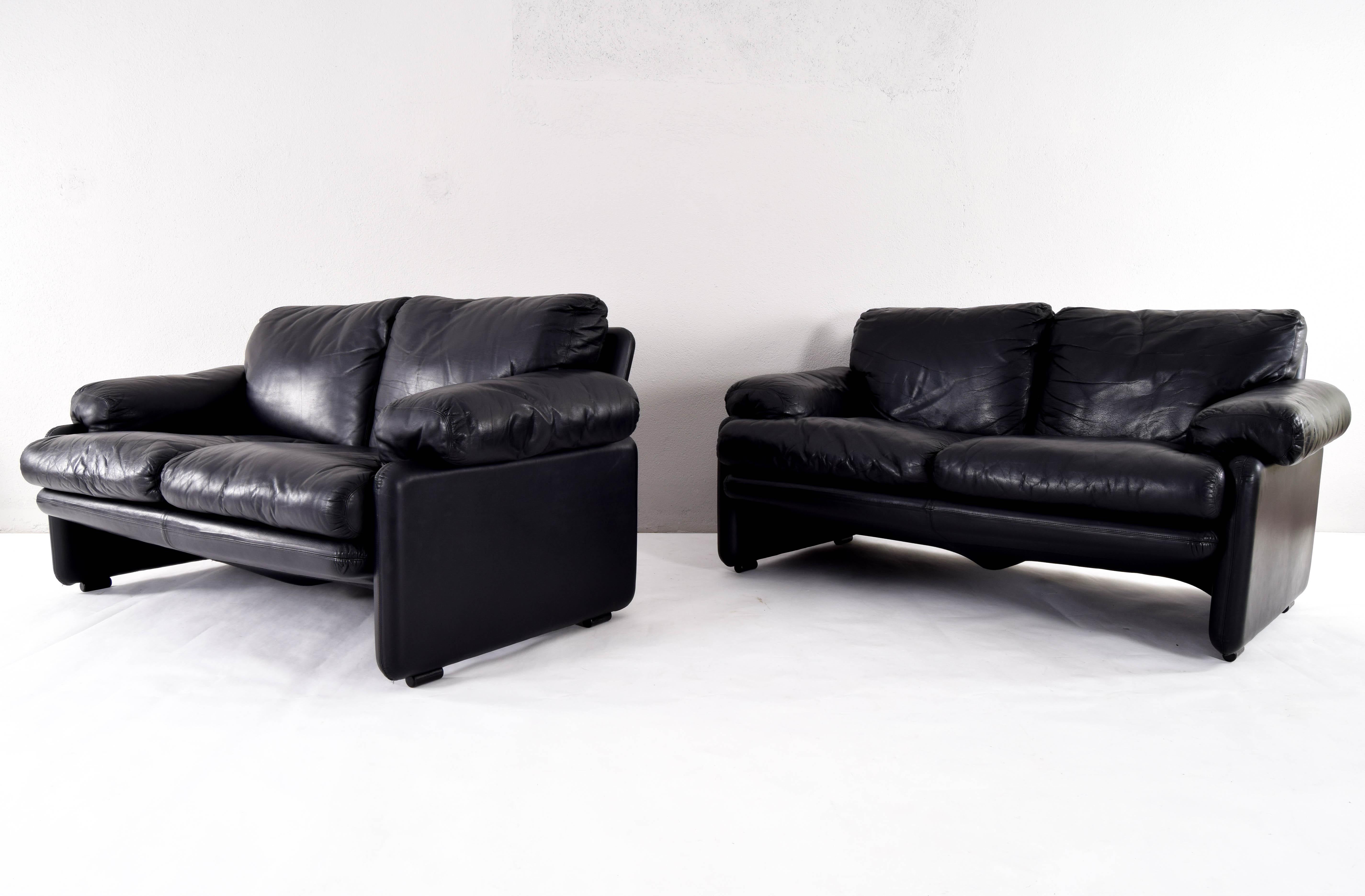 Mid-Century Modern Black Leather Coronado Sofa by Tobia & Scarpa for B&B, Italy, 1970s