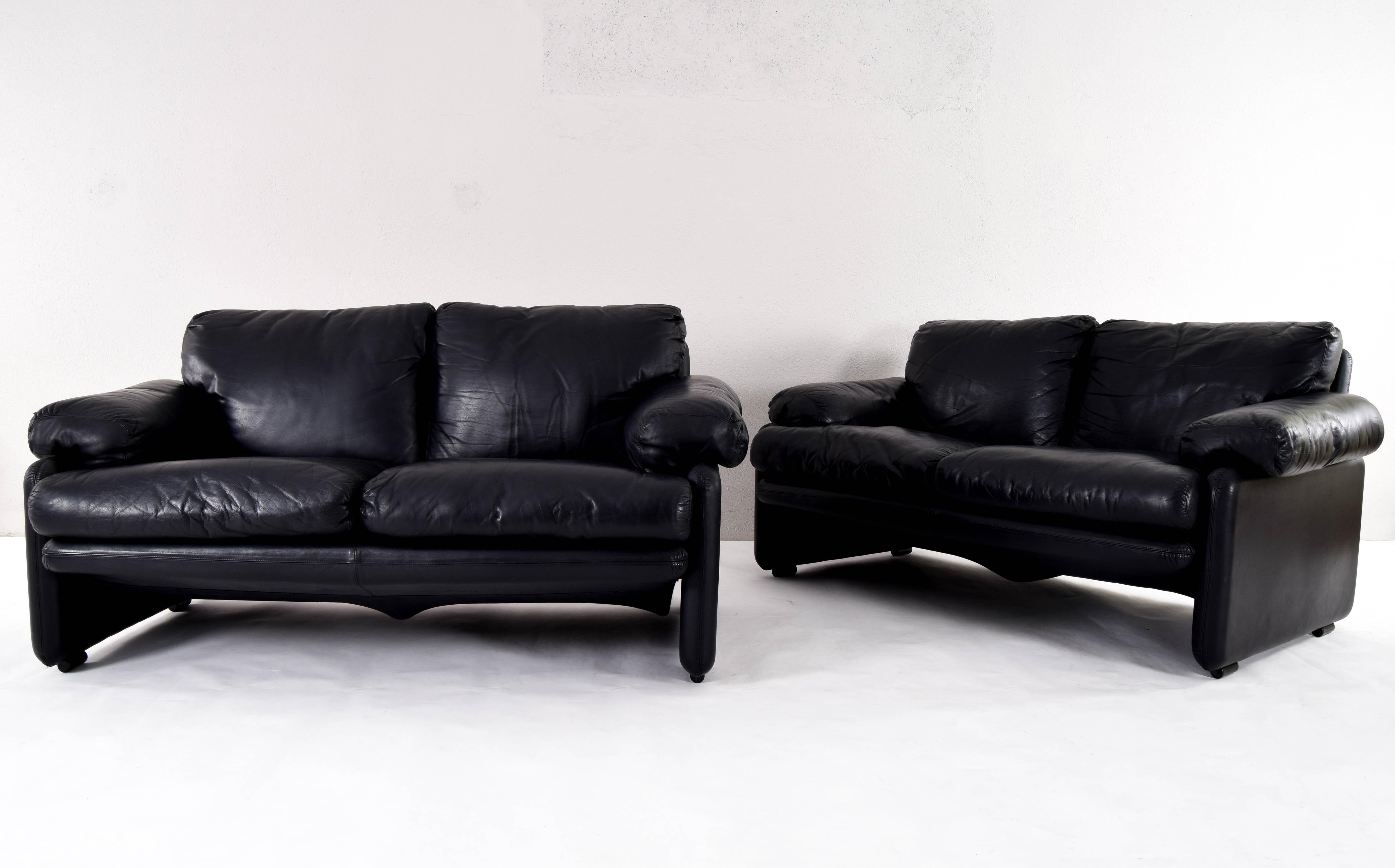Italian Black Leather Coronado Sofa by Tobia & Scarpa for B&B, Italy, 1970s