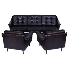 Black leather couch and 2 armchairs  Germany 1960s 