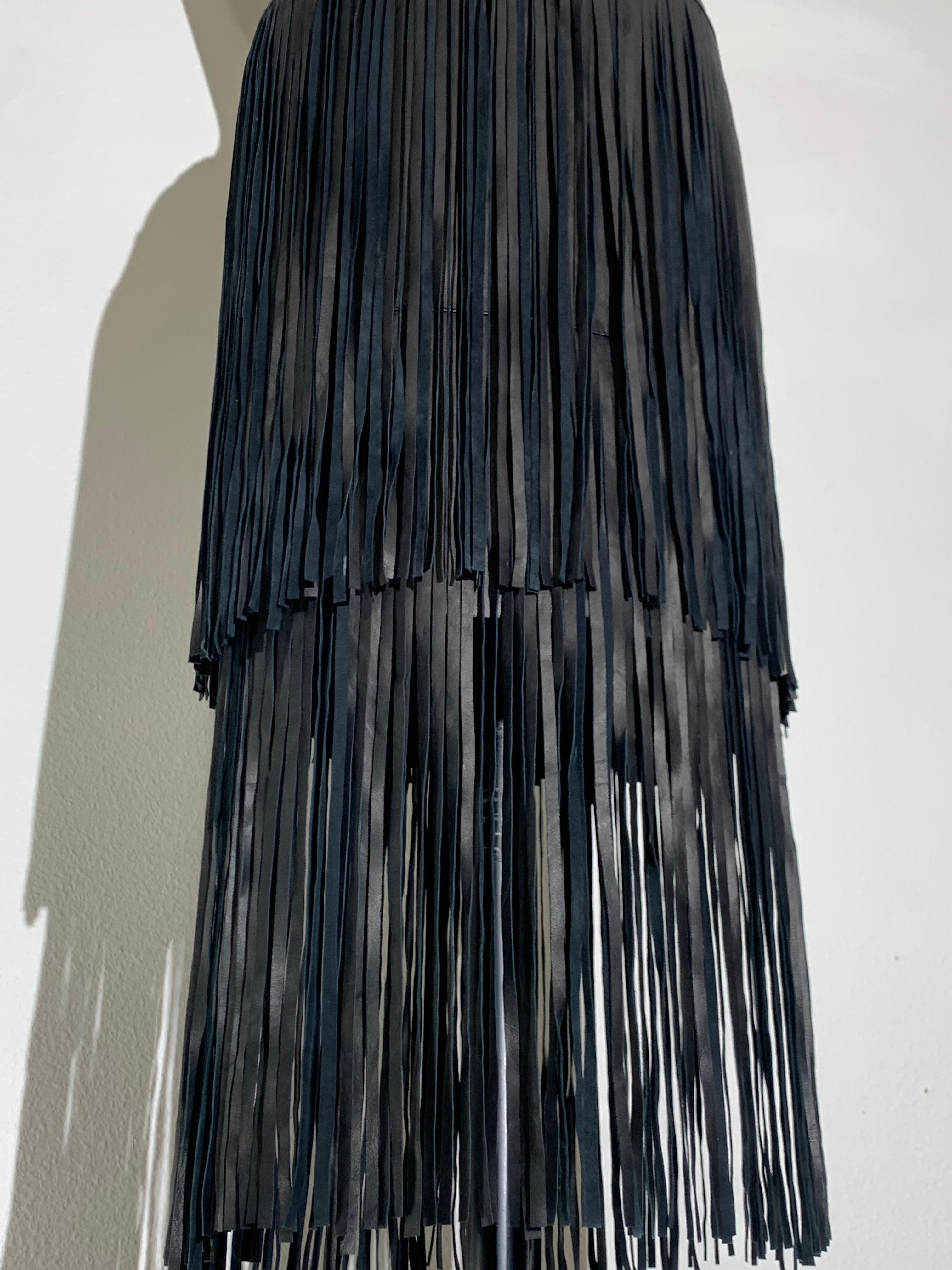 Women's Black Leather Cowgirl Mini Skirt w/ Double Tiered Leather Peek-A-Boo Fringe For Sale