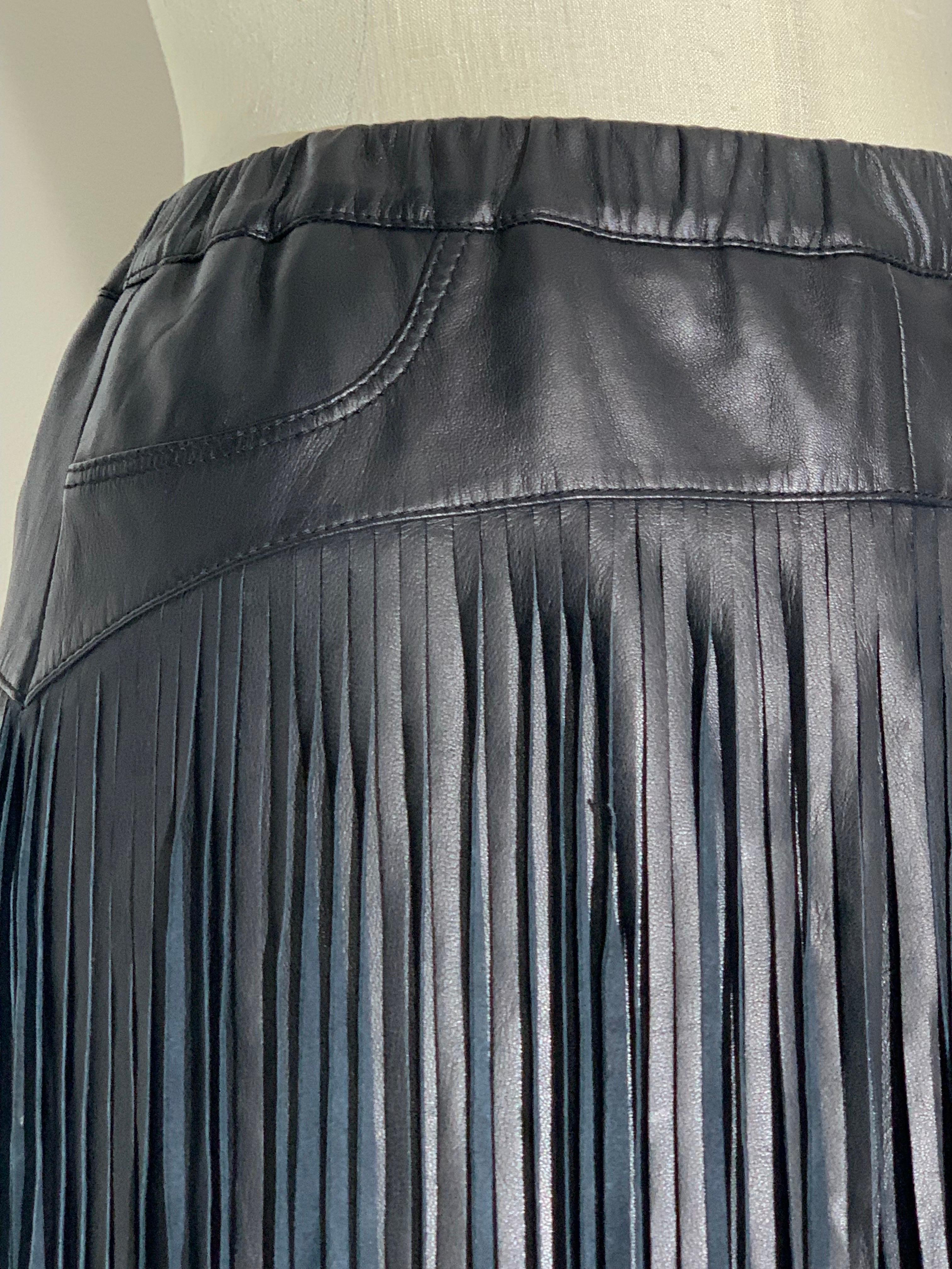 Black Leather Cowgirl Mini Skirt w/ Double Tiered Leather Peek-A-Boo Fringe For Sale 1