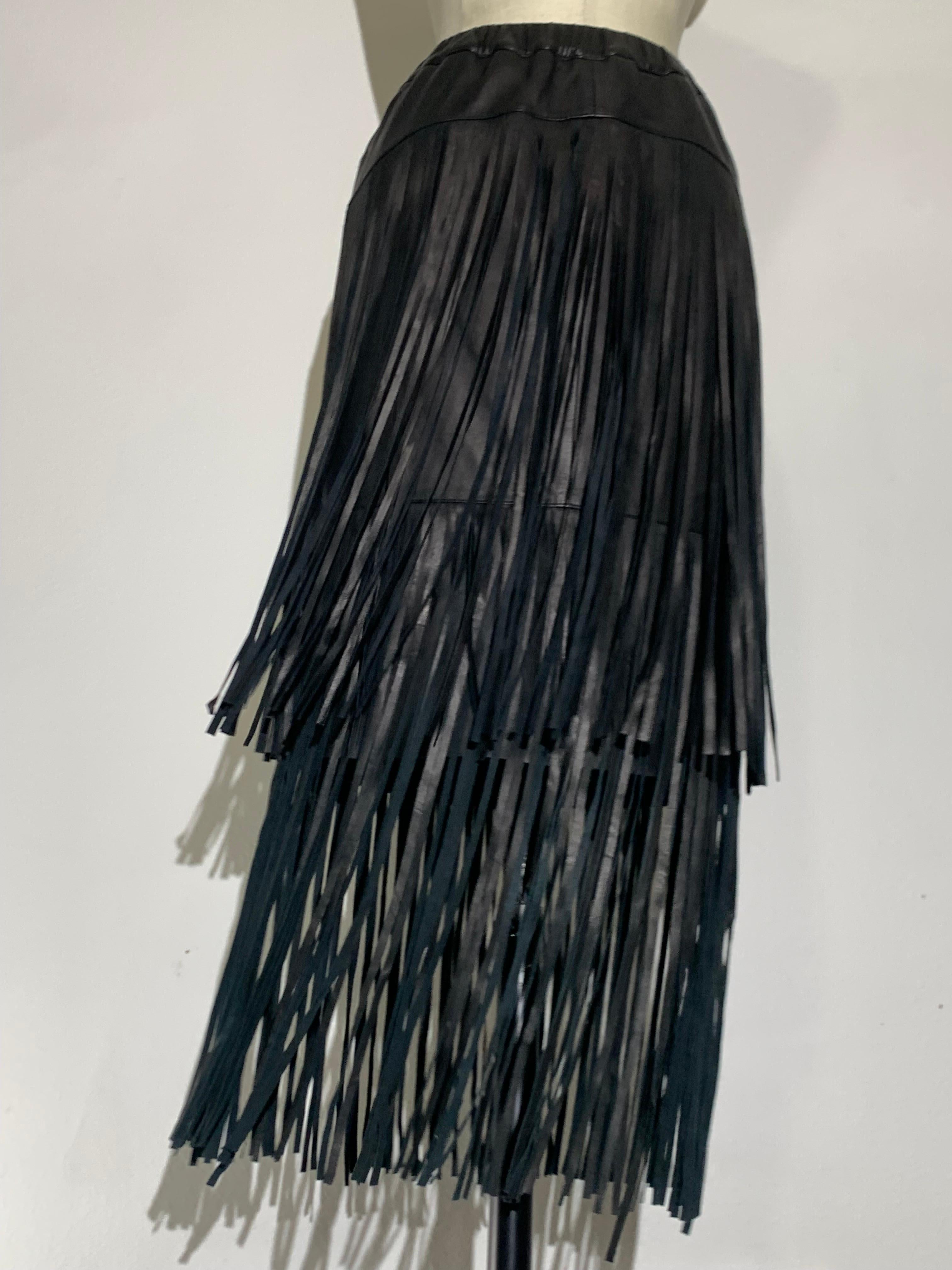 Black Leather Cowgirl Mini Skirt w/ Double Tiered Leather Peek-A-Boo Fringe For Sale 4