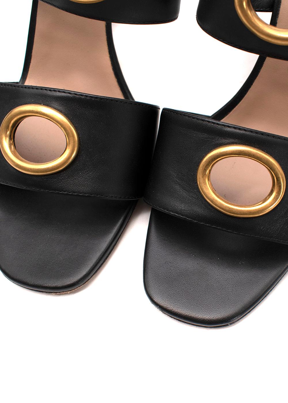 Women's Black Leather Cut-Out Block Heeled Sandals For Sale