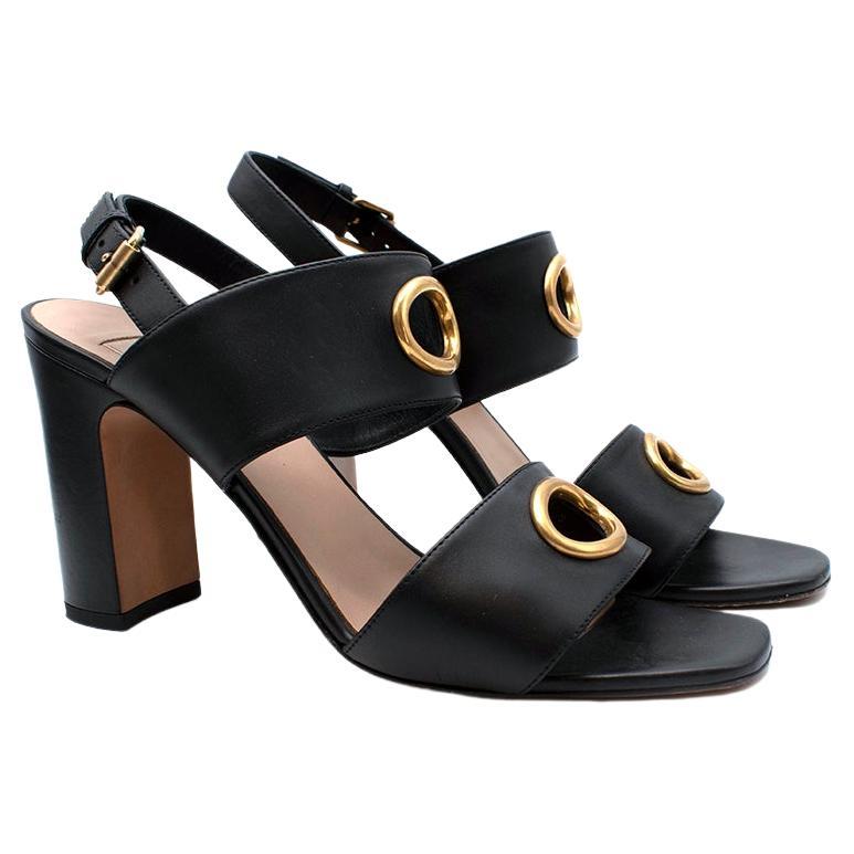 Black Leather Cut-Out Block Heeled Sandals For Sale