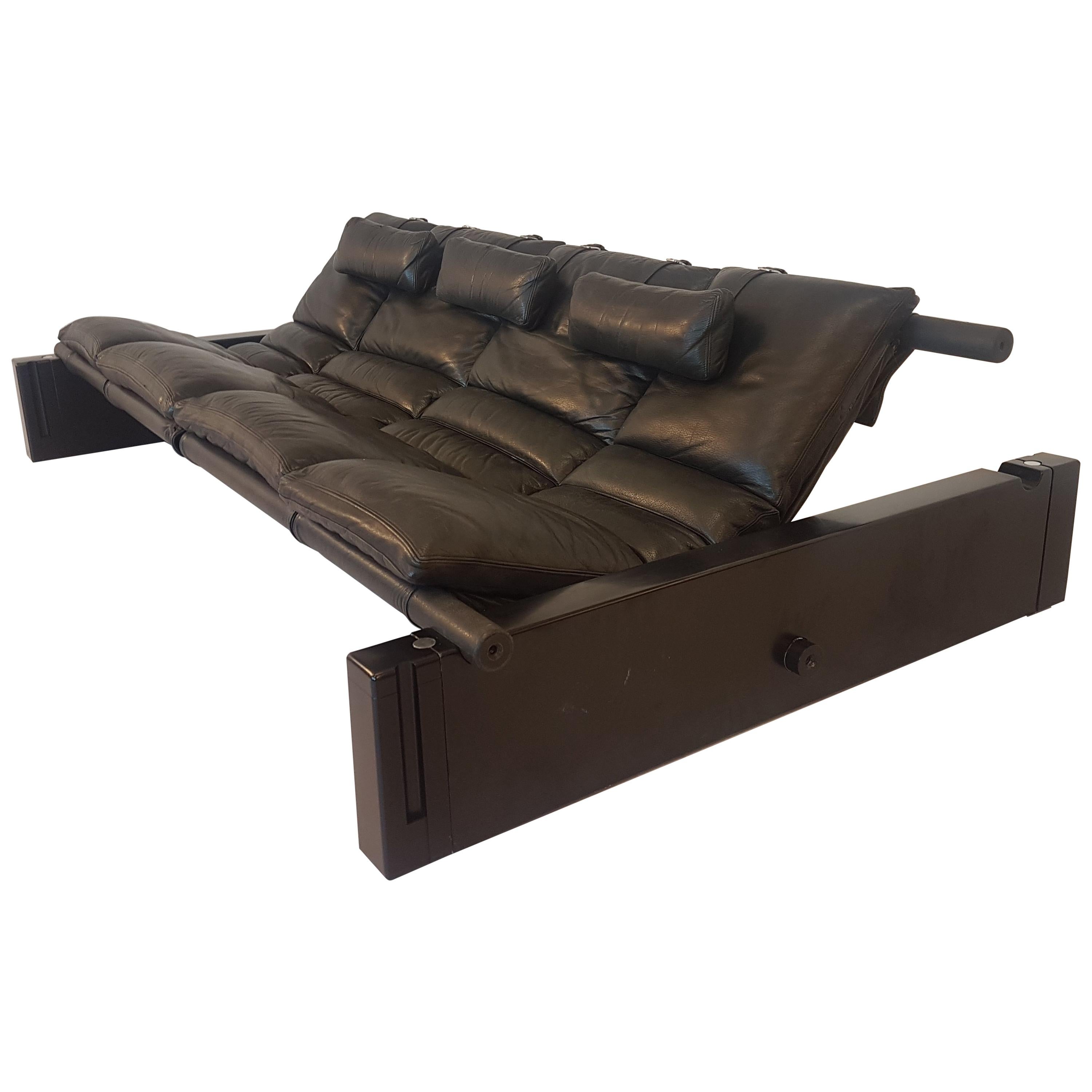 Black Leather Daybed Lounge Sofa by Vittorio Mazzucioni