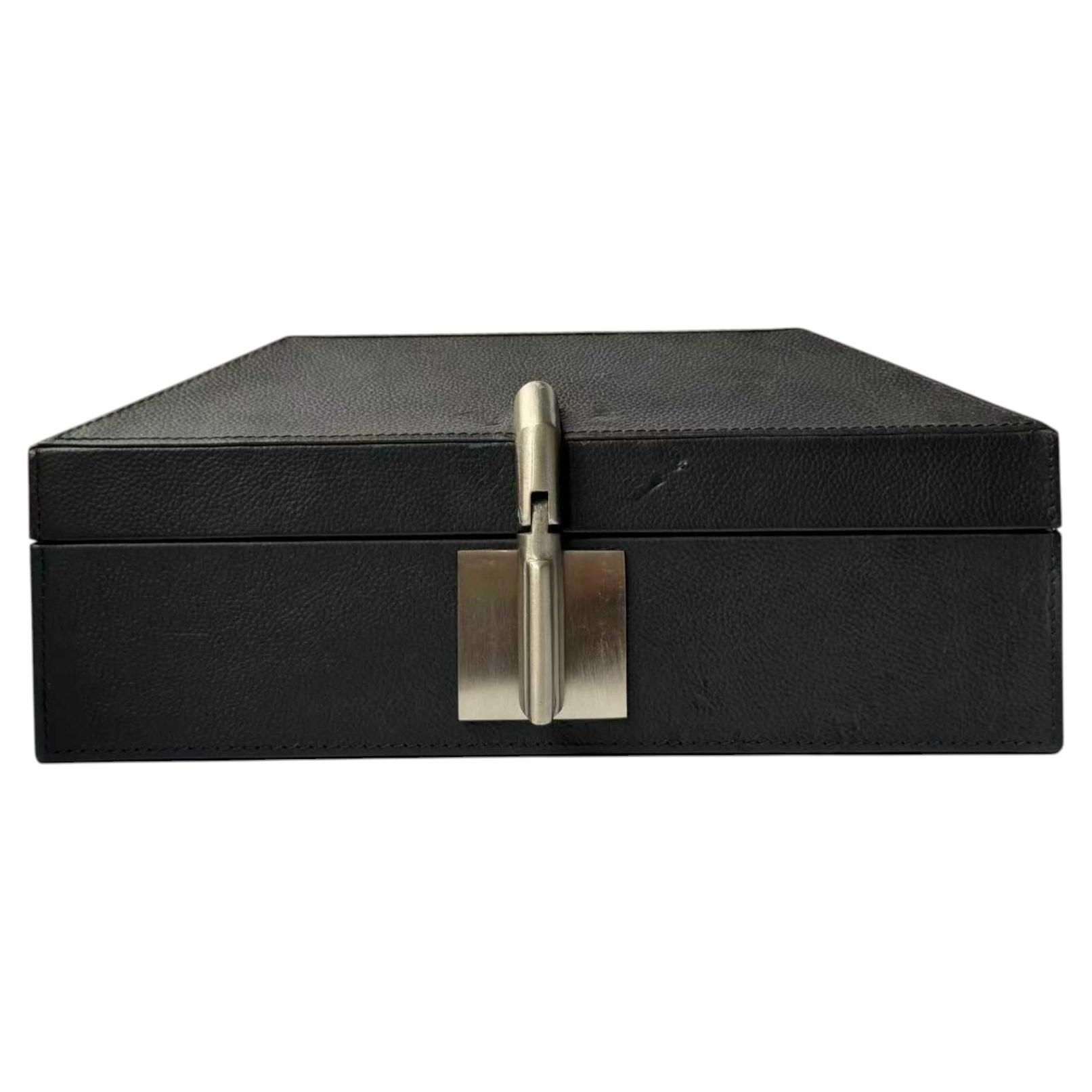 Contemporary Black Leather Decorative Box with Brass Accents