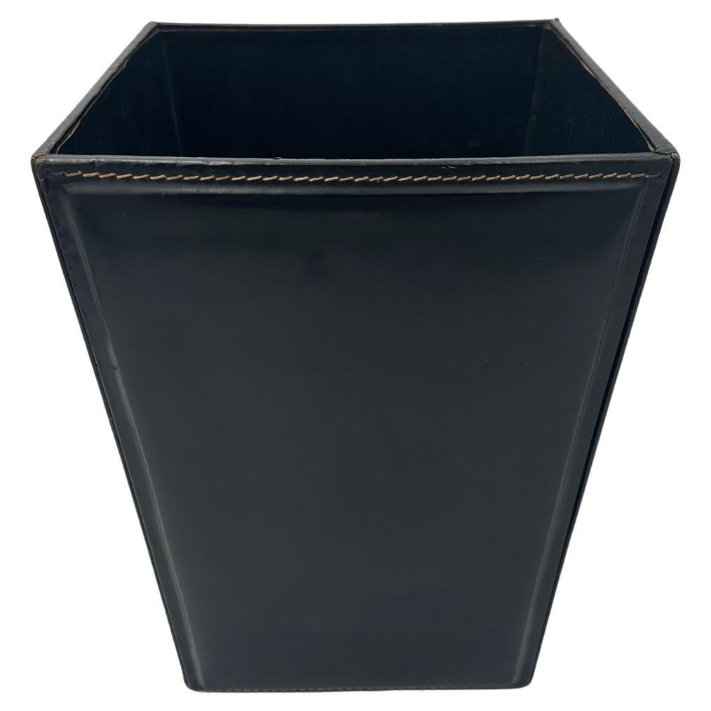 Black Leather Desk Basket with Saddle Stitching, circa 1950
