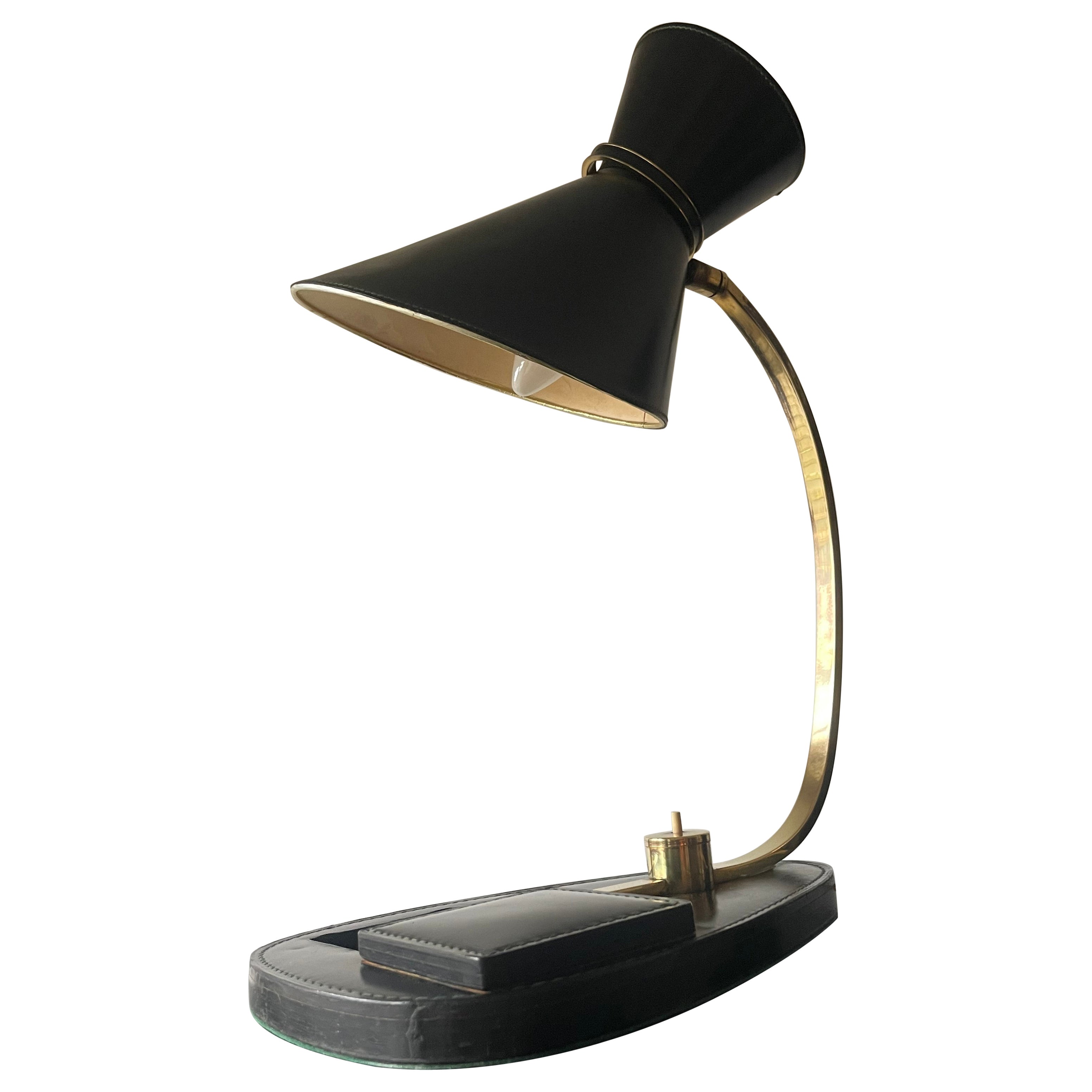 Black Leather Diabolo Shade Desk Lamp by Jacques Adnet, France 1950 in vendita