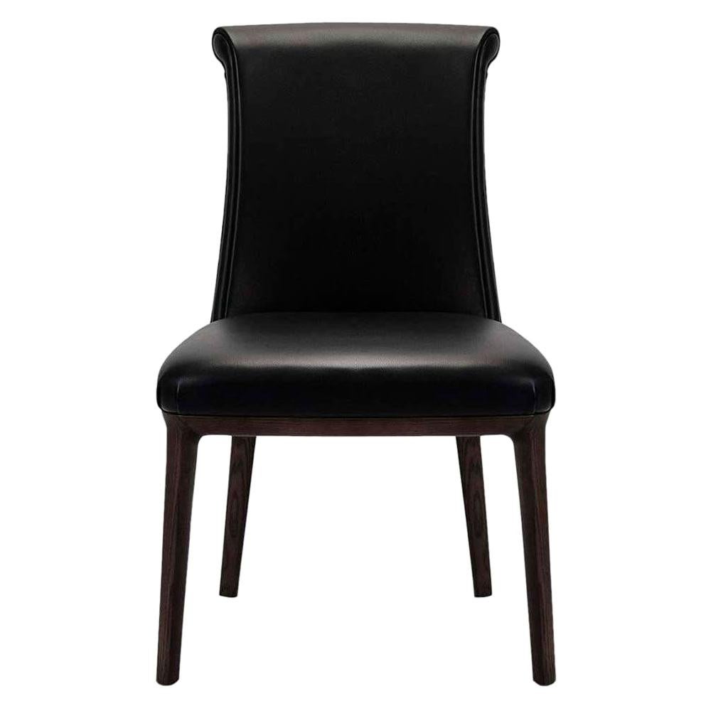 Black Leather Dining Chair with Mocha Stained Ash Wood Leg, Poltrona Frau
