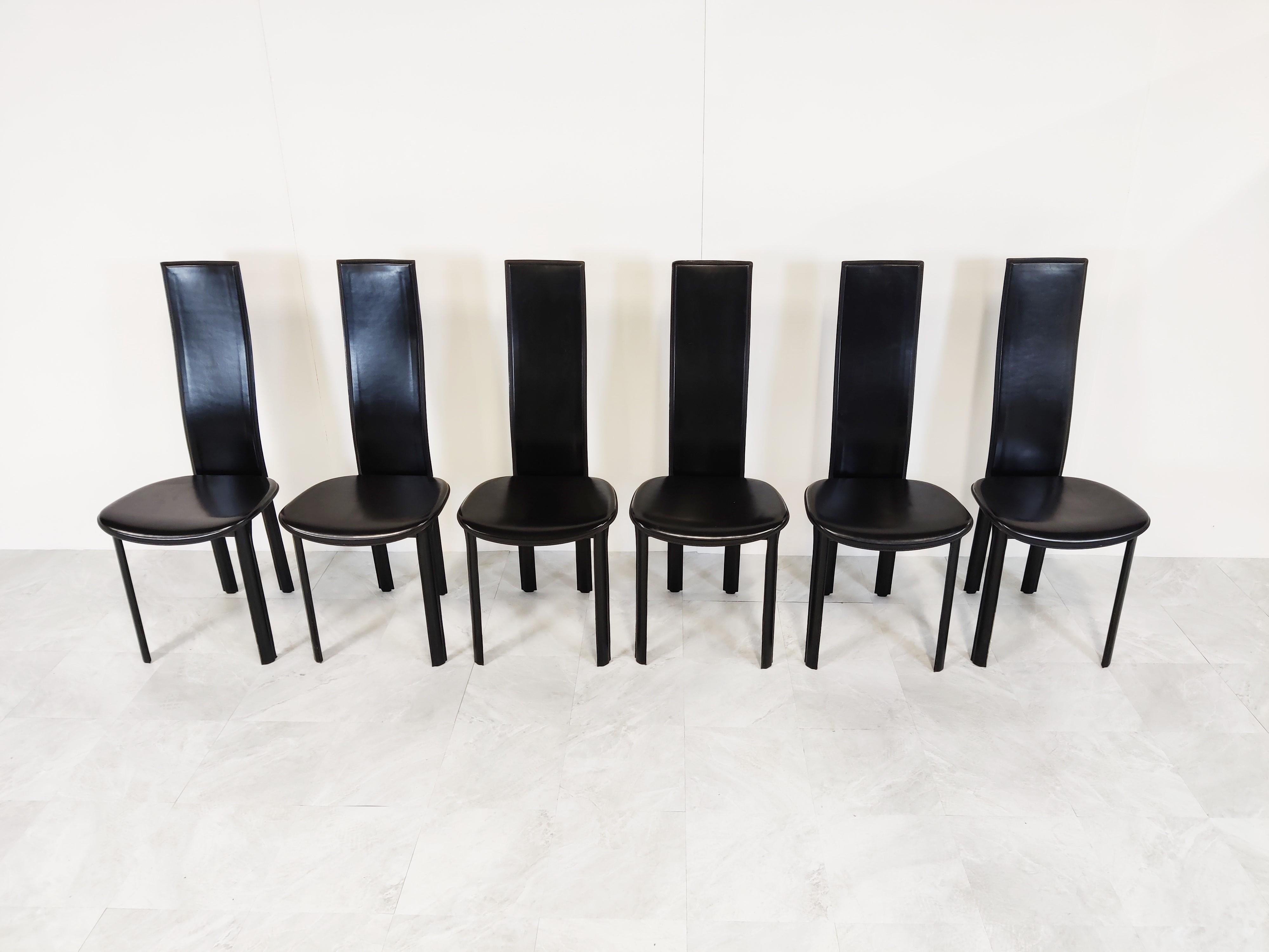Italian Black Leather Dining Chairs, 1980s, Set of 6