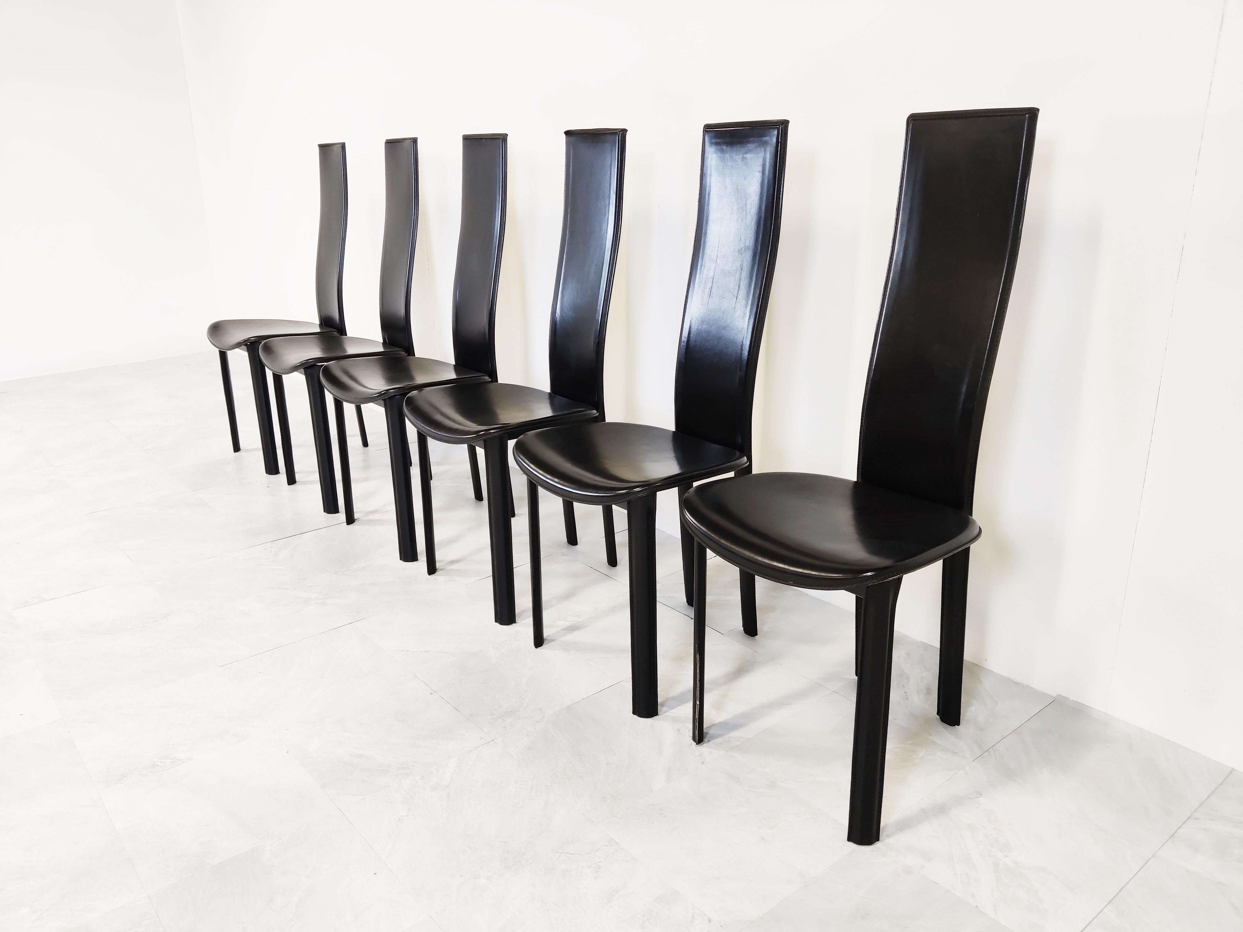 Black Leather Dining Chairs, 1980s, Set of 6 In Good Condition In HEVERLEE, BE