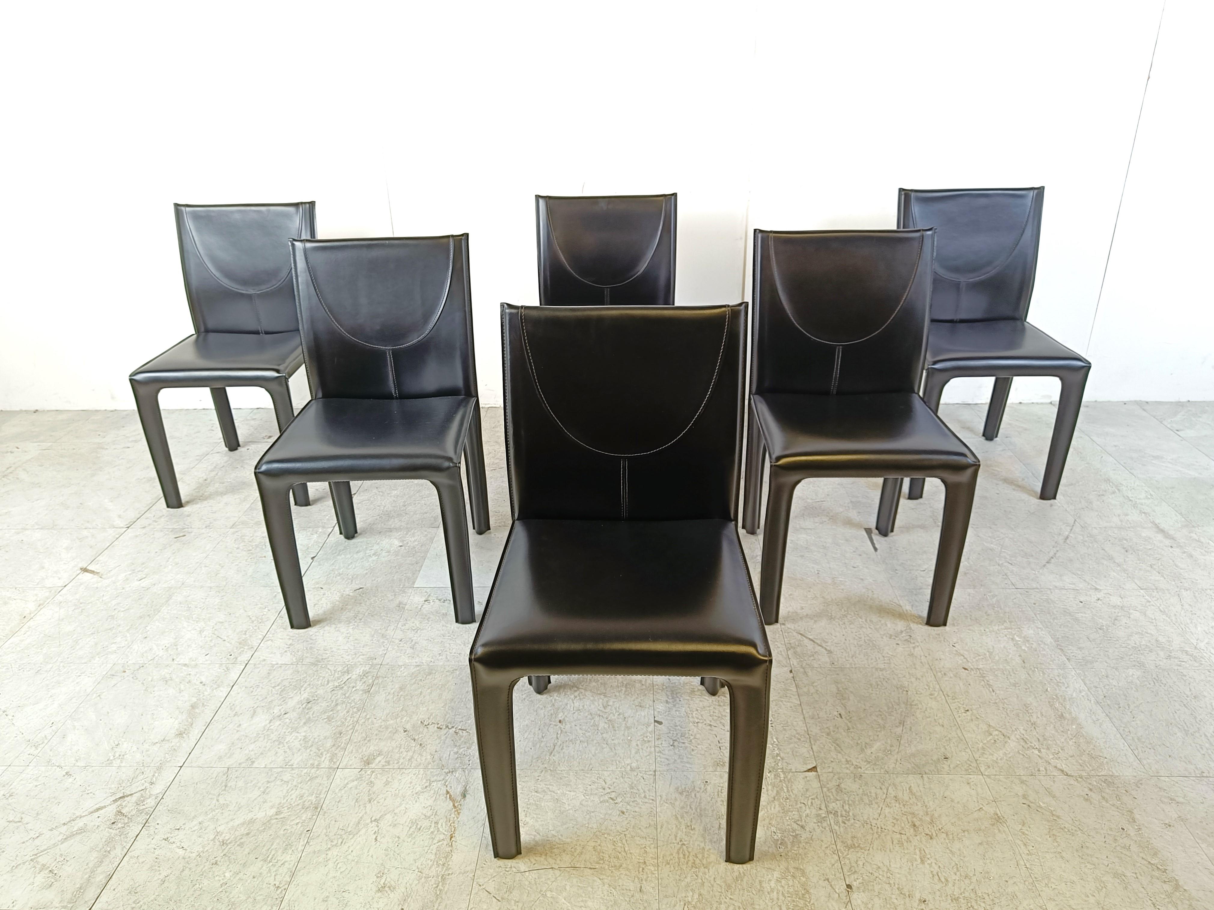 Mid-Century Modern Black leather dining chairs by Arper italy, 1980s - set of 6