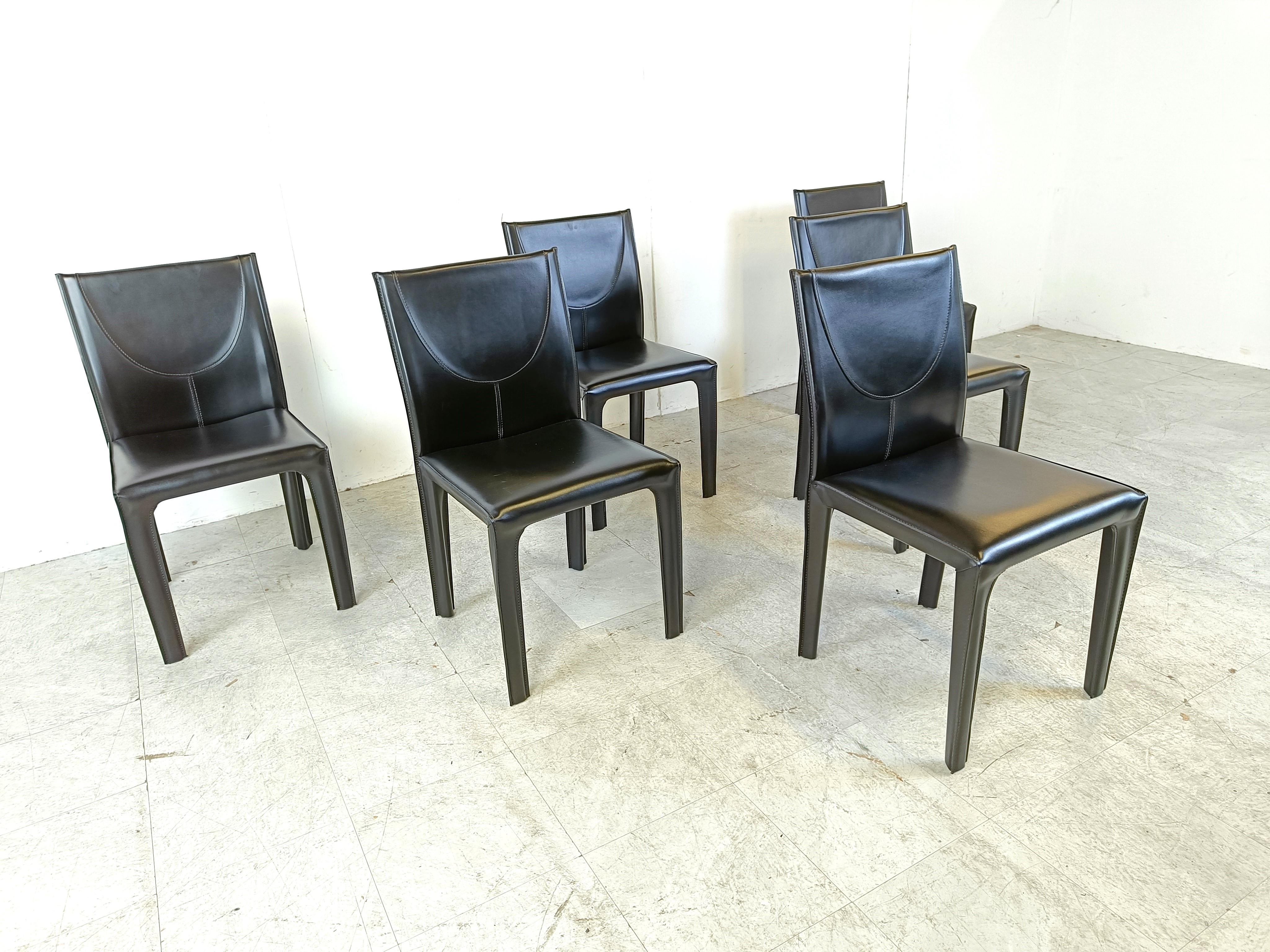 Black leather dining chairs by Arper italy, 1980s - set of 6 In Excellent Condition In HEVERLEE, BE