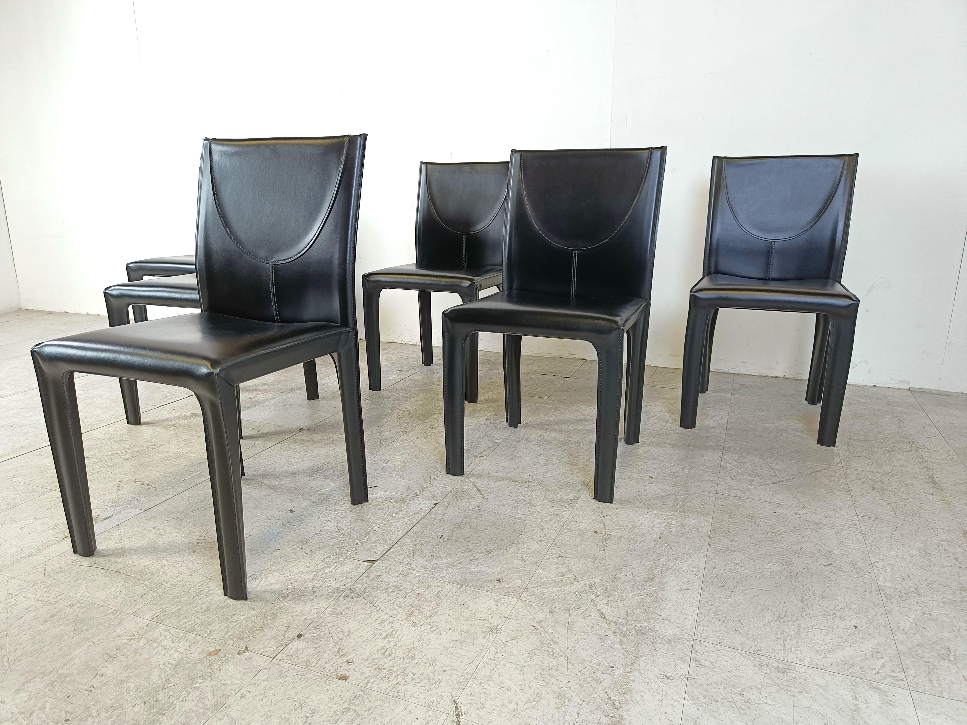 Late 20th Century Black leather dining chairs by Arper italy, 1980s - set of 6